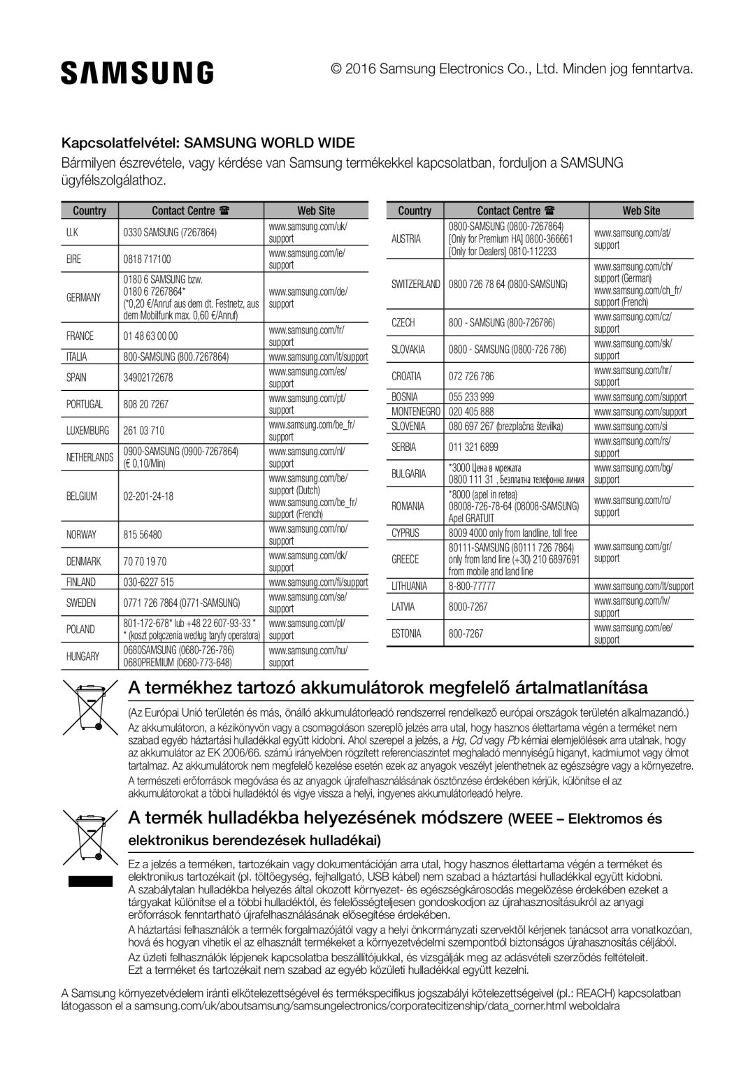 Samsung UBD-K8500/EN manual Termékhez tartozó akkumulátorok megfelelő ártalmatlanítása, Eire 