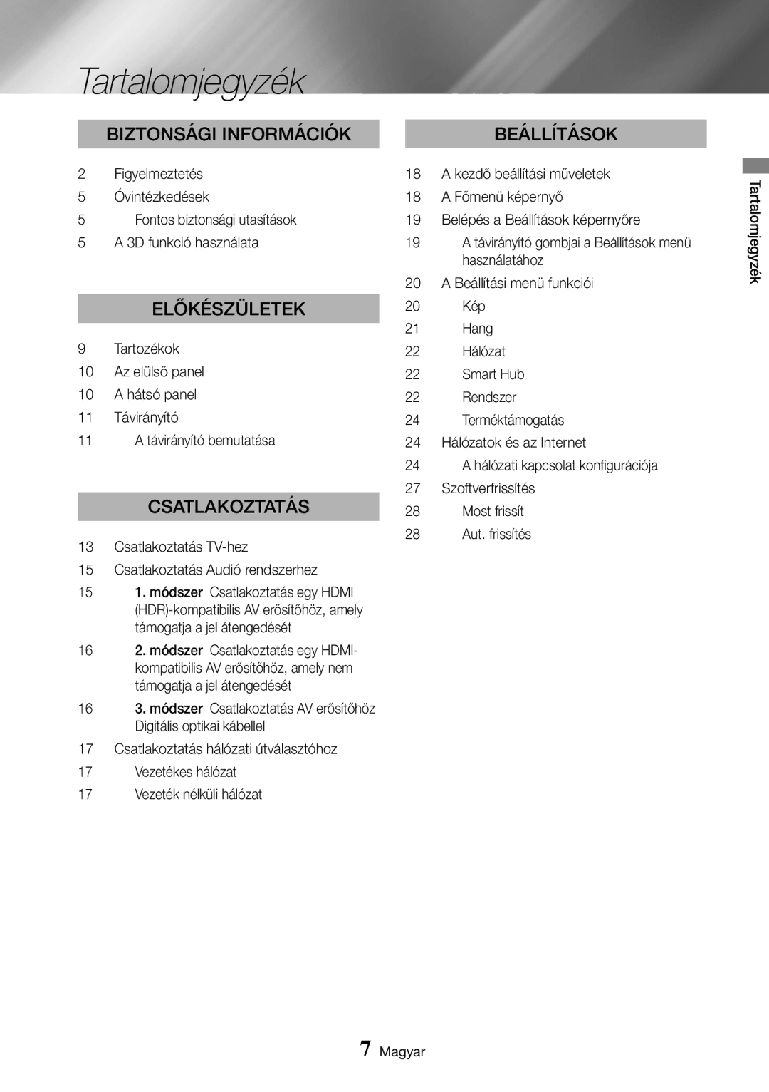 Samsung UBD-K8500/EN manual Tartalomjegyzék, Biztonsági információk, Előkészületek, Csatlakoztatás, Beállítások 