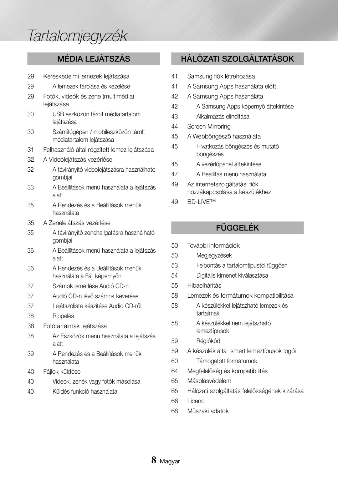 Samsung UBD-K8500/EN manual Média lejátszás, Hálózati szolgáltatások, Függelék, Bd-Live 