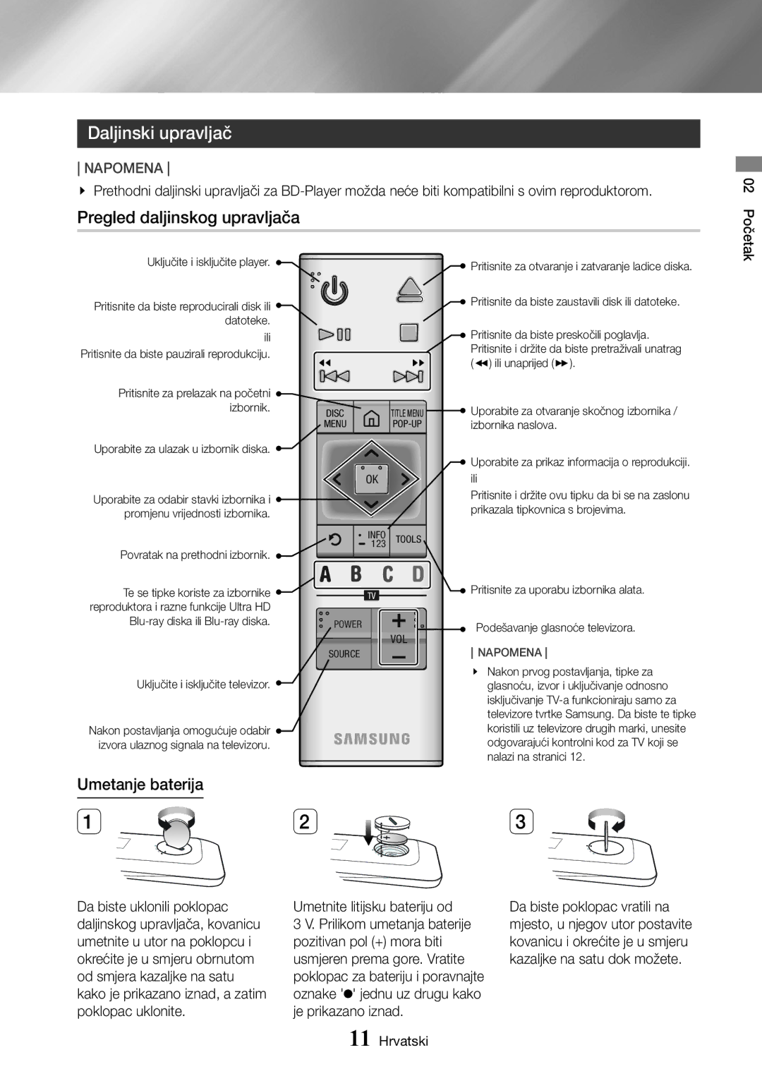 Samsung UBD-K8500/EN manual Daljinski upravljač, Pregled daljinskog upravljača, Umetanje baterija 