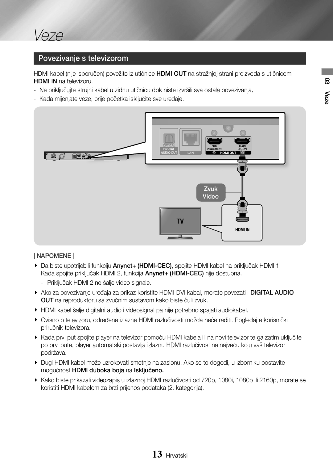 Samsung UBD-K8500/EN manual Veze, Povezivanje s televizorom 