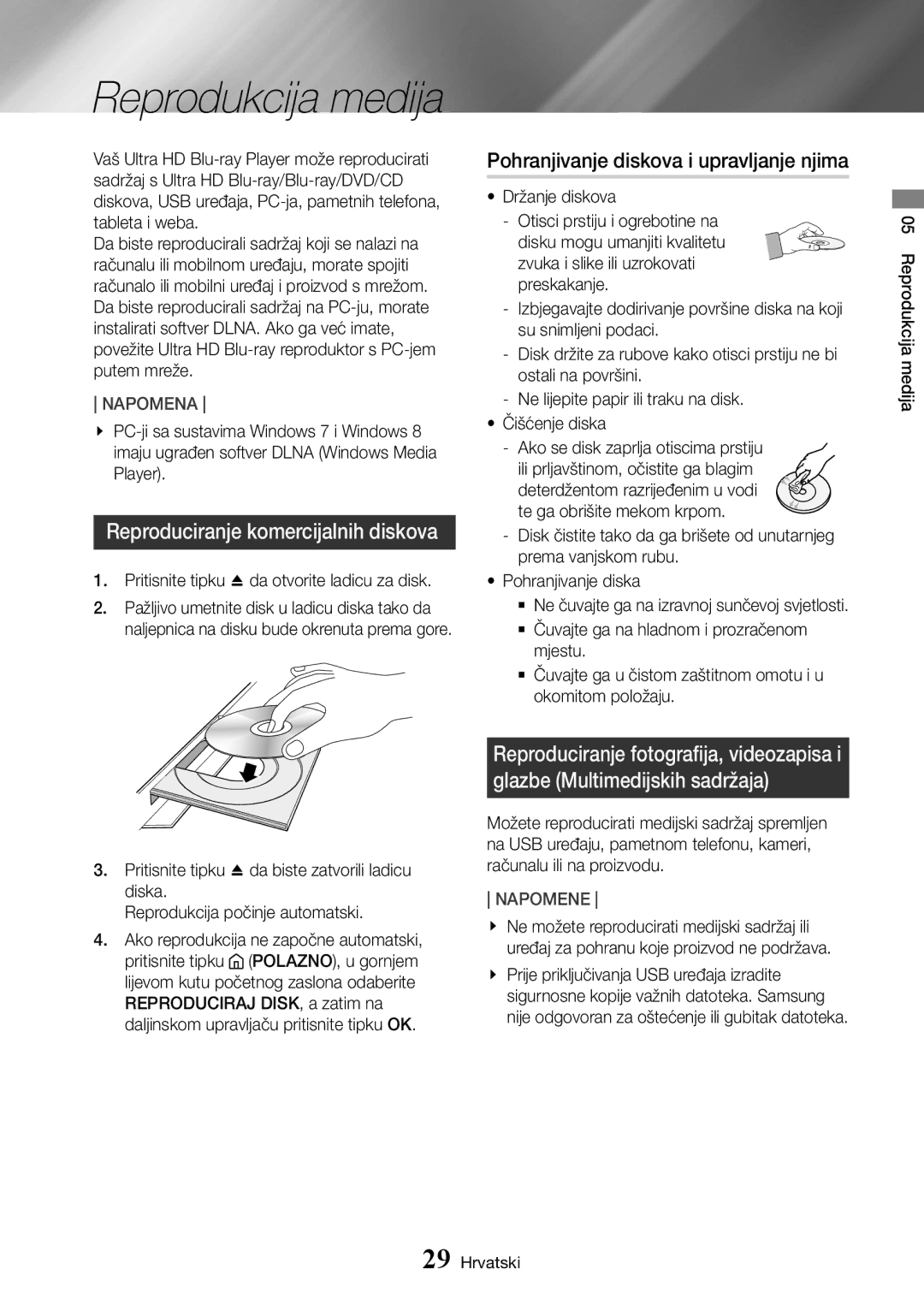 Samsung UBD-K8500/EN manual Reproduciranje komercijalnih diskova, Pohranjivanje diskova i upravljanje njima 