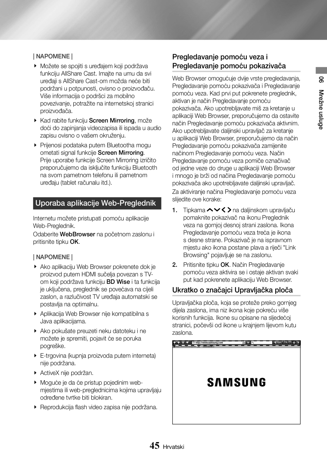 Samsung UBD-K8500/EN manual Uporaba aplikacije Web-Preglednik, Pregledavanje pomoću veza i Pregledavanje pomoću pokazivača 