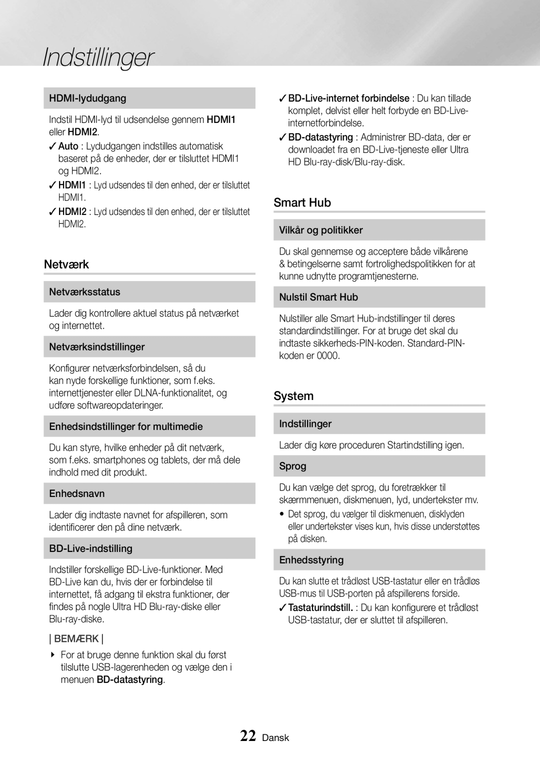 Samsung UBD-K8500/XE manual Netværk, System, Vilkår og politikker, Nulstil Smart Hub 