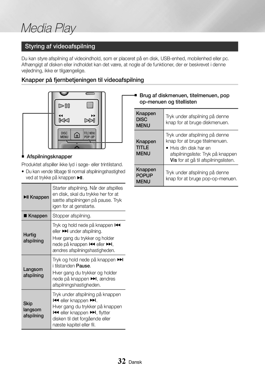 Samsung UBD-K8500/XE manual Styring af videoafspilning, Knapper på fjernbetjeningen til videoafspilning 