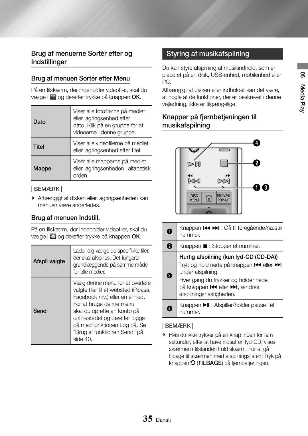 Samsung UBD-K8500/XE Brug af menuerne Sortér efter og Indstillinger, Styring af musikafspilning, Brug af menuen Indstill 