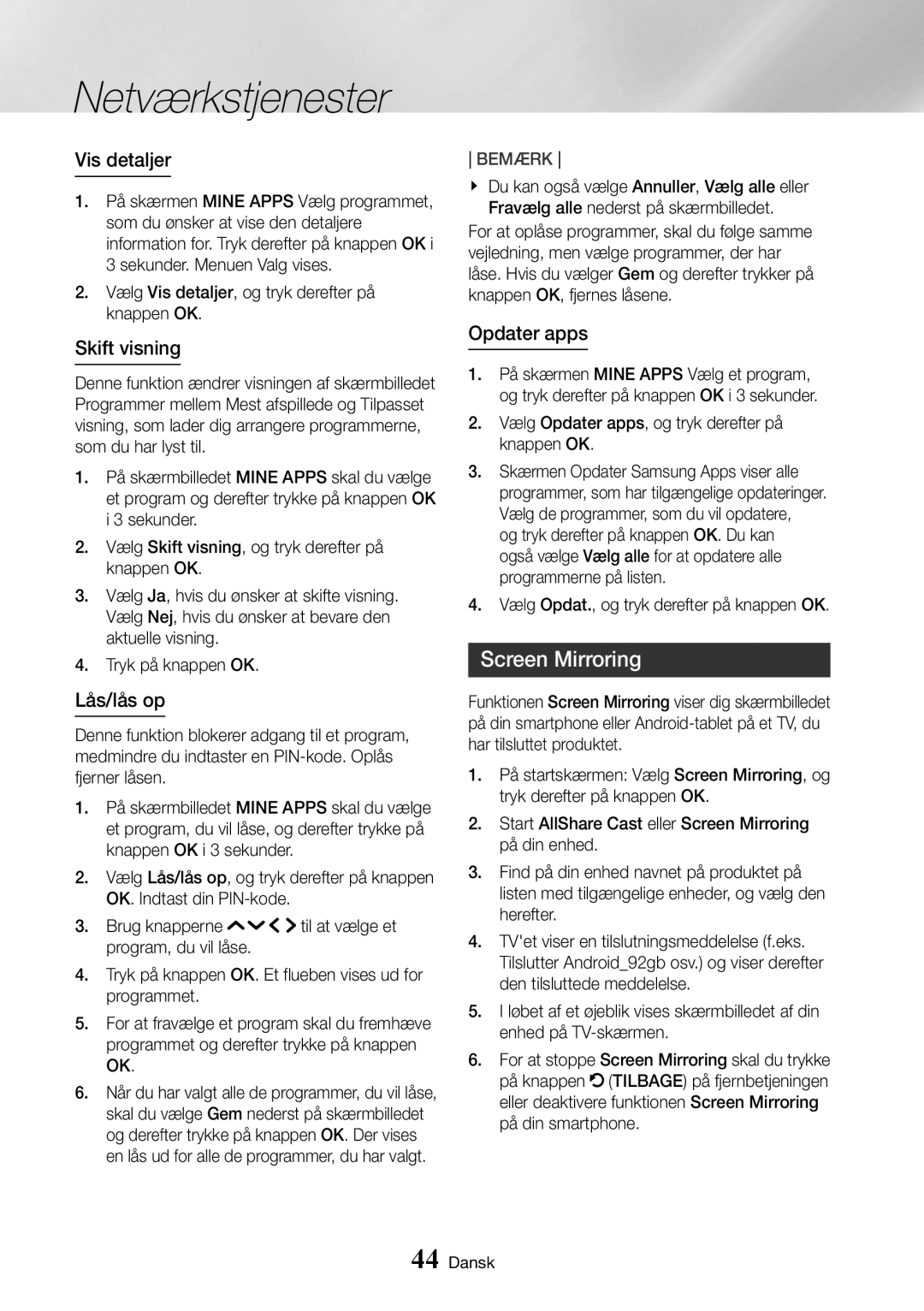 Samsung UBD-K8500/XE manual Screen Mirroring, Vis detaljer, Skift visning, Lås/lås op, Opdater apps 