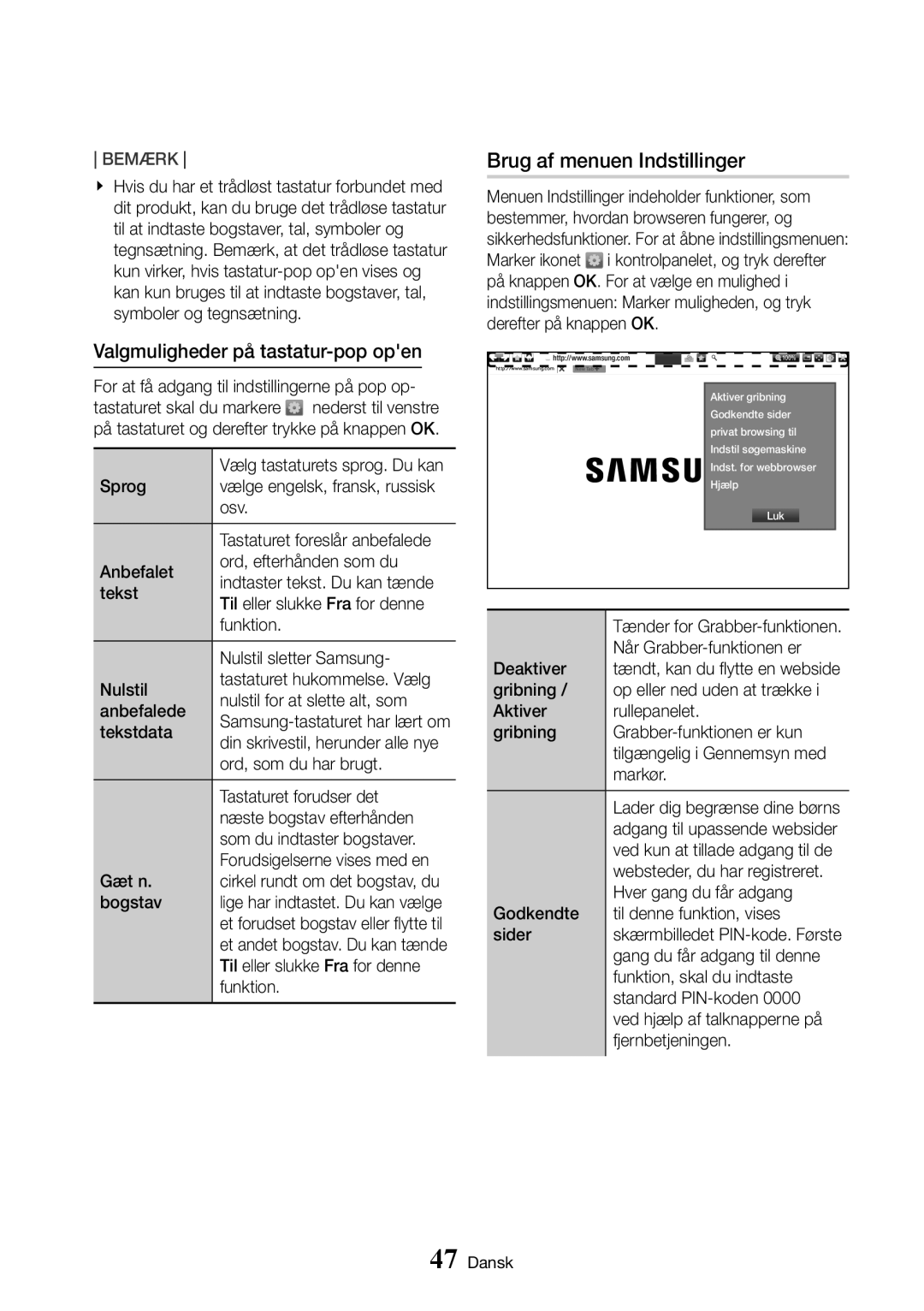 Samsung UBD-K8500/XE manual Brug af menuen Indstillinger, Valgmuligheder på tastatur-pop open 