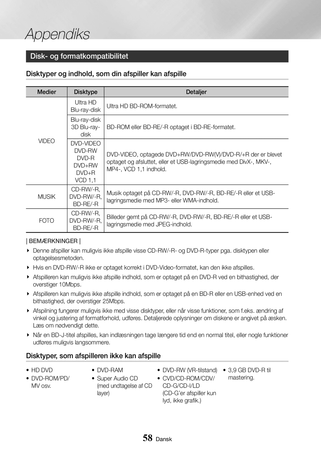 Samsung UBD-K8500/XE manual Disk- og formatkompatibilitet, Disktyper og indhold, som din afspiller kan afspille 