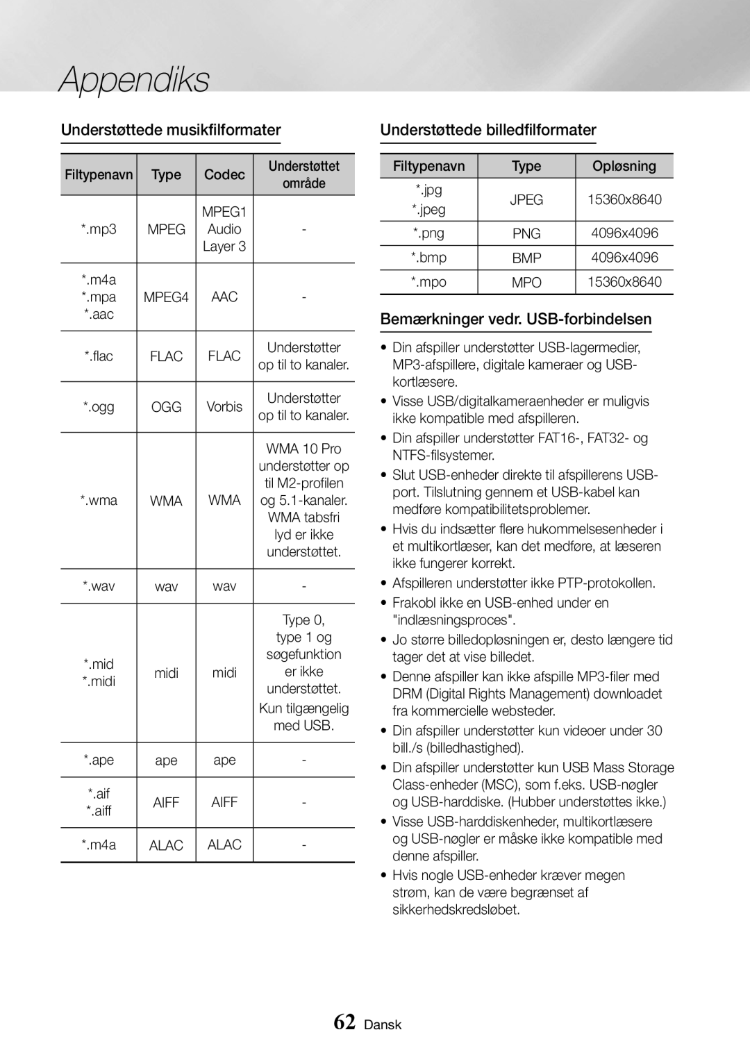 Samsung UBD-K8500/XE Understøttede musikfilformater, Understøttede billedfilformater, Bemærkninger vedr. USB-forbindelsen 