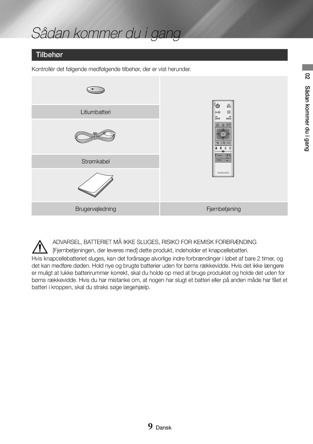 Samsung UBD-K8500/XE manual Sådan kommer du i gang, Tilbehør, Brugervejledning 