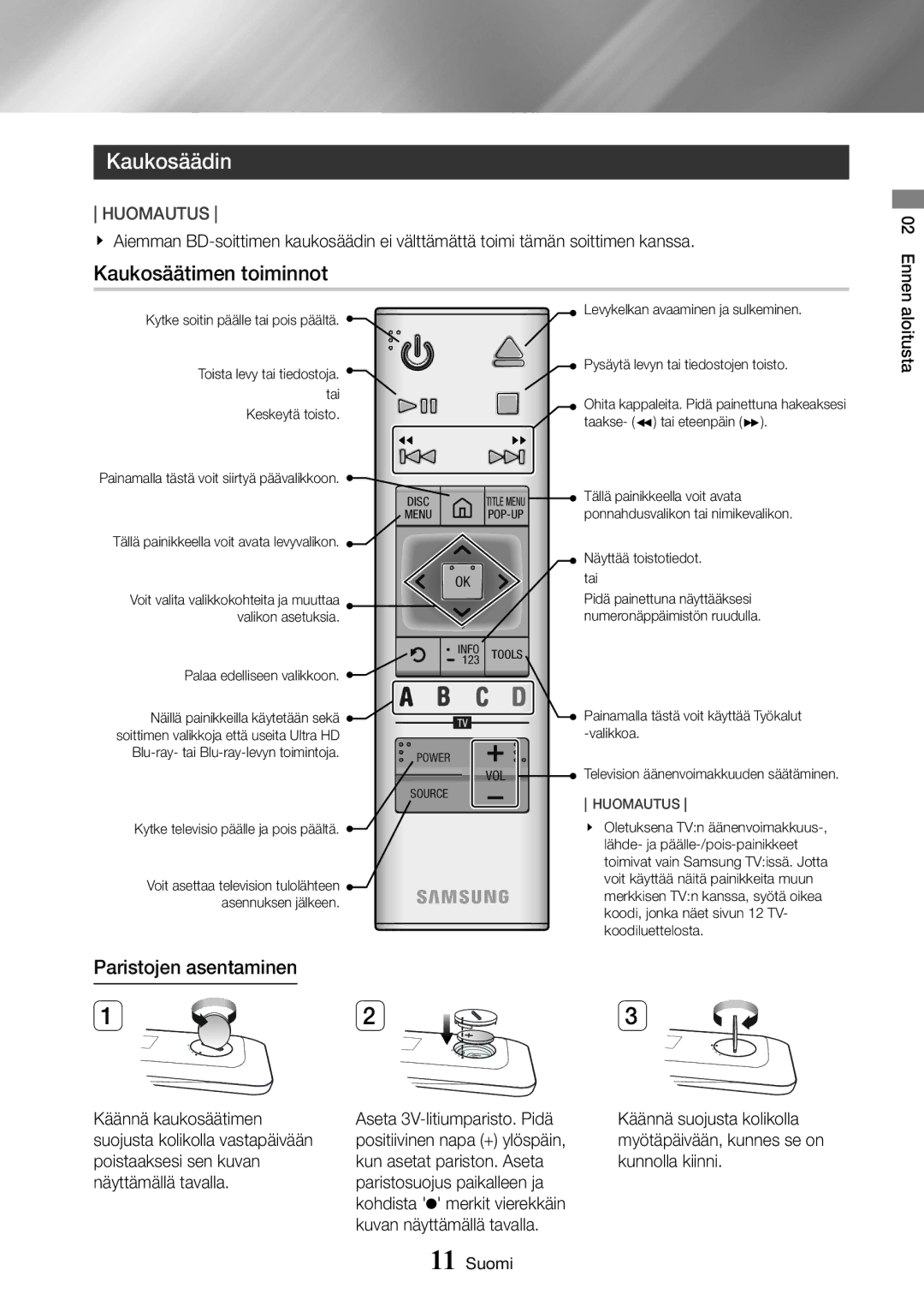 Samsung UBD-K8500/XE manual Paristojen asentaminen, Kaukosäädin 