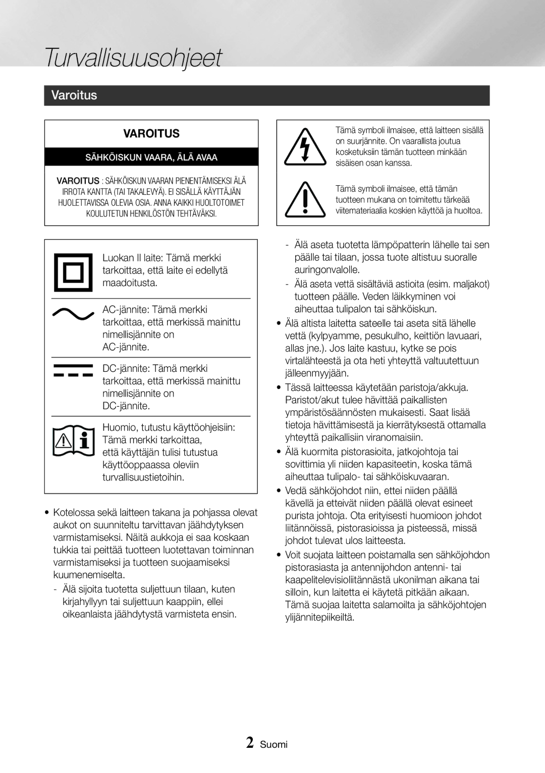 Samsung UBD-K8500/XE manual Turvallisuusohjeet, Varoitus 