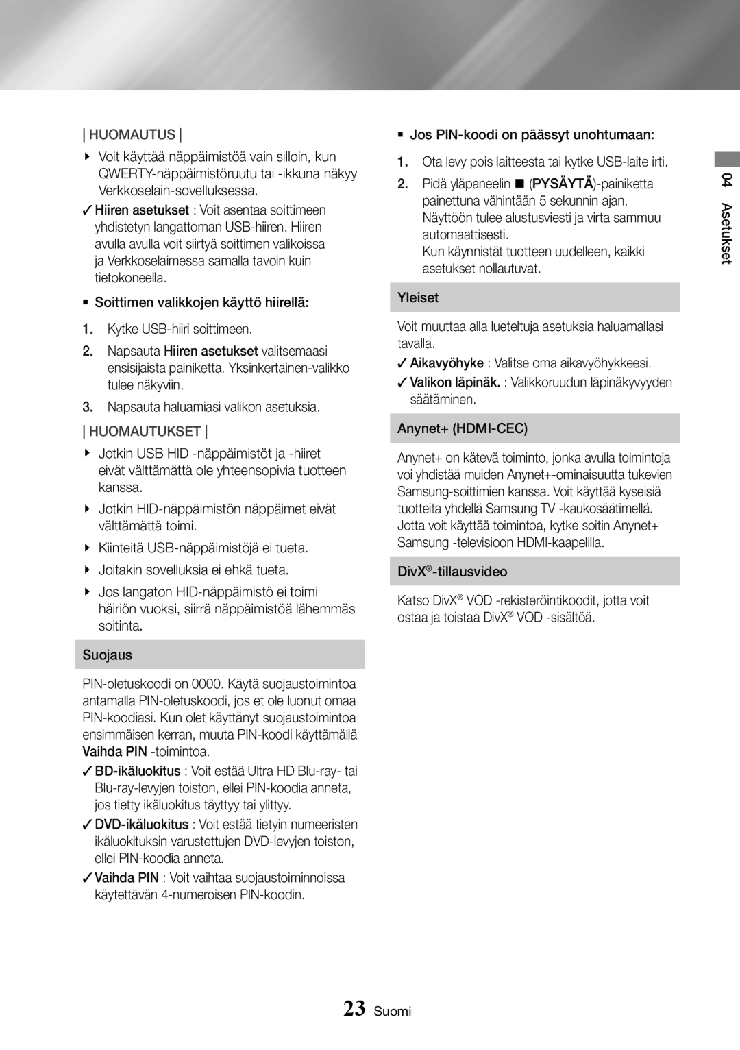 Samsung UBD-K8500/XE manual Huomautus 