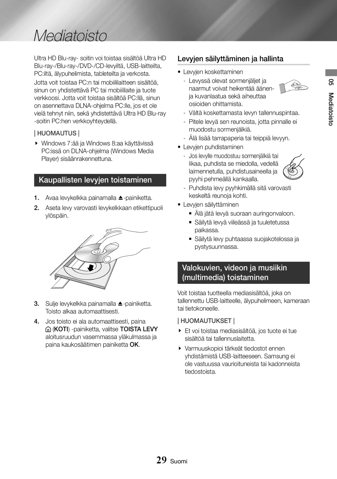 Samsung UBD-K8500/XE manual Mediatoisto, Kaupallisten levyjen toistaminen, Levyjen säilyttäminen ja hallinta 