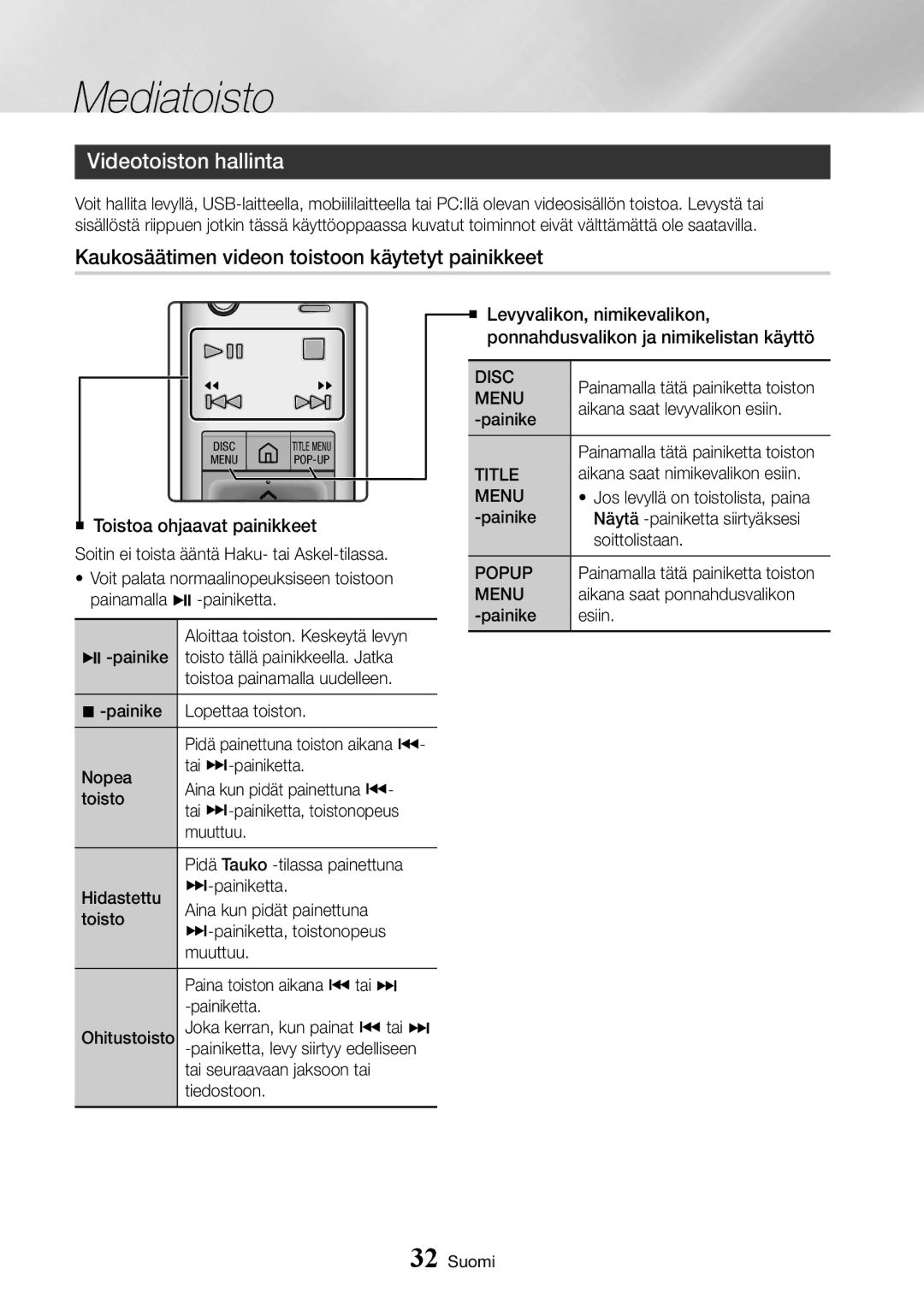 Samsung UBD-K8500/XE manual Videotoiston hallinta, Kaukosäätimen videon toistoon käytetyt painikkeet 