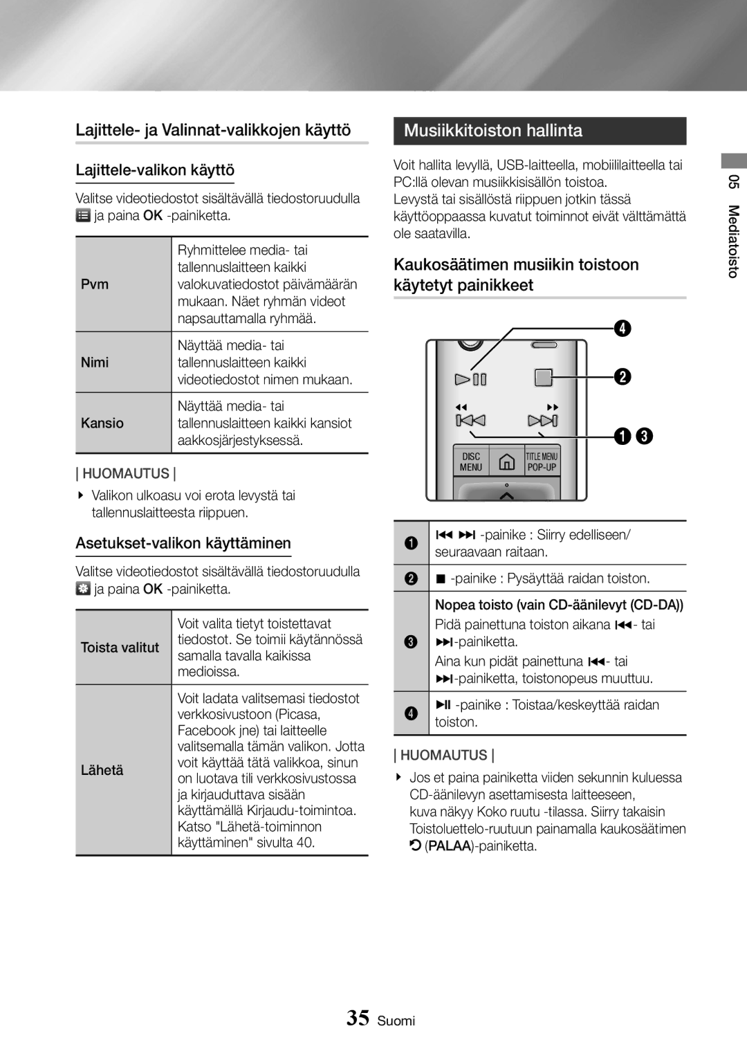 Samsung UBD-K8500/XE manual Lajittele- ja Valinnat-valikkojen käyttö, Musiikkitoiston hallinta, Lajittele-valikon käyttö 