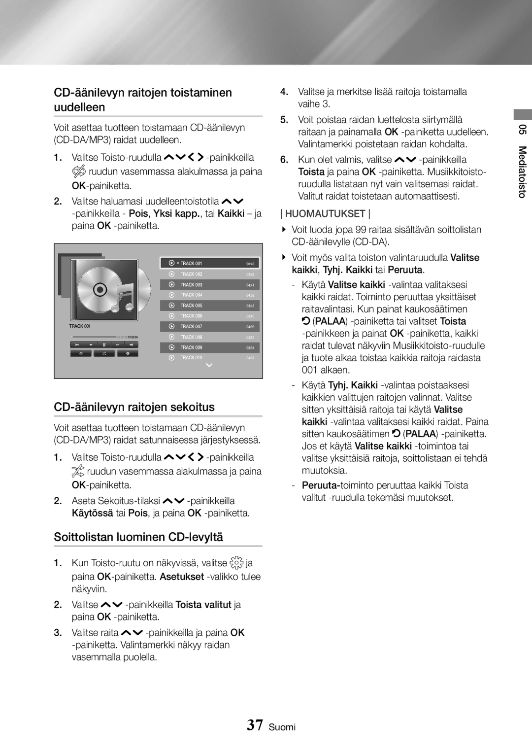 Samsung UBD-K8500/XE manual CD-äänilevyn raitojen toistaminen uudelleen, CD-äänilevyn raitojen sekoitus 