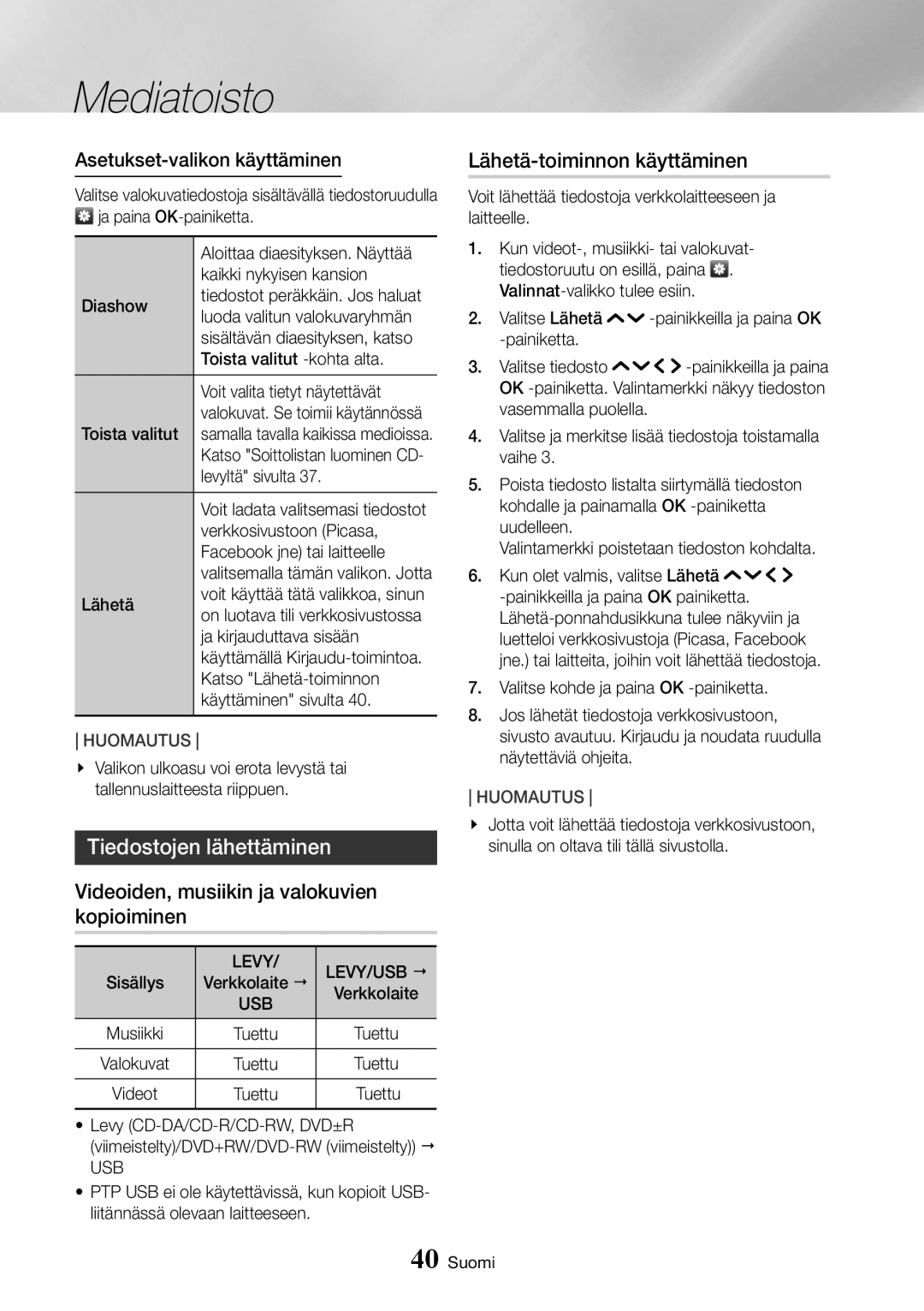 Samsung UBD-K8500/XE Tiedostojen lähettäminen, Videoiden, musiikin ja valokuvien kopioiminen, Lähetä-toiminnon käyttäminen 