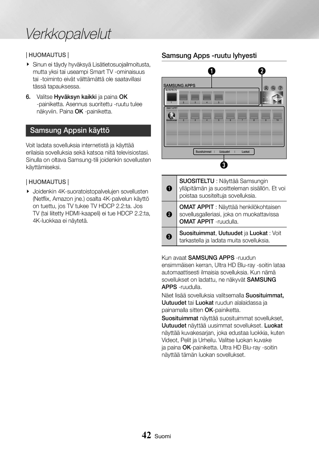 Samsung UBD-K8500/XE manual Samsung Appsin käyttö, Samsung Apps -ruutu lyhyesti 