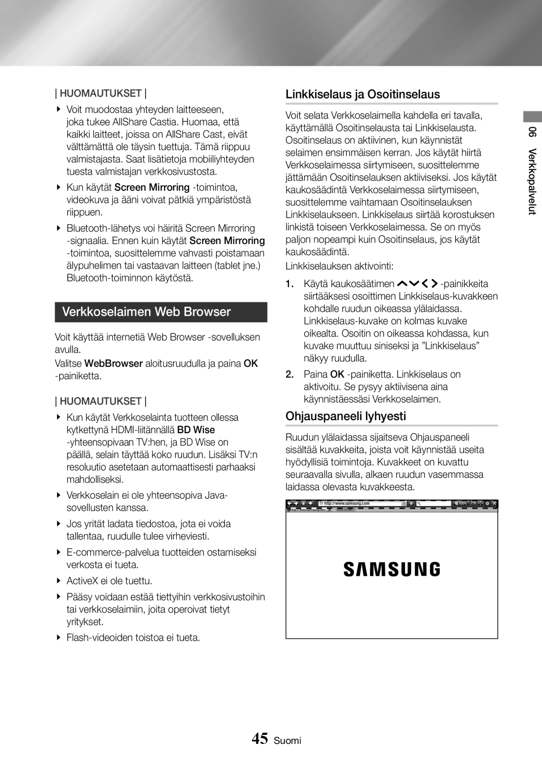 Samsung UBD-K8500/XE manual Verkkoselaimen Web Browser, Linkkiselaus ja Osoitinselaus, Ohjauspaneeli lyhyesti 