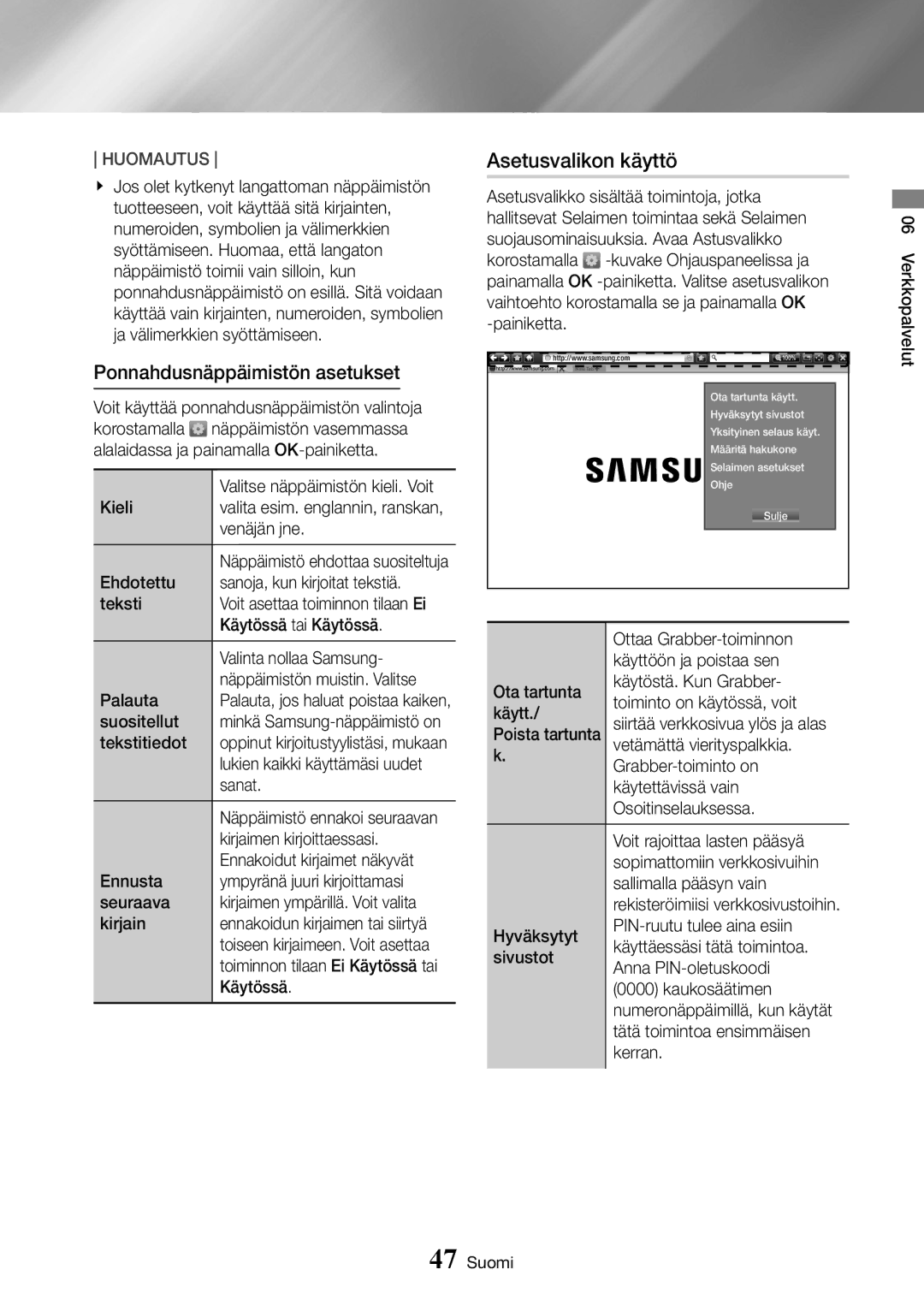 Samsung UBD-K8500/XE manual Asetusvalikon käyttö, Ponnahdusnäppäimistön asetukset 