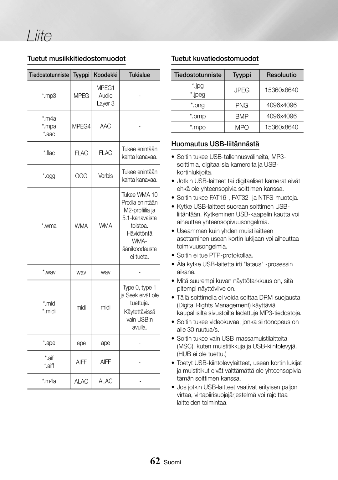 Samsung UBD-K8500/XE manual Tuetut musiikkitiedostomuodot, Tuetut kuvatiedostomuodot, Huomautus USB-liitännästä 