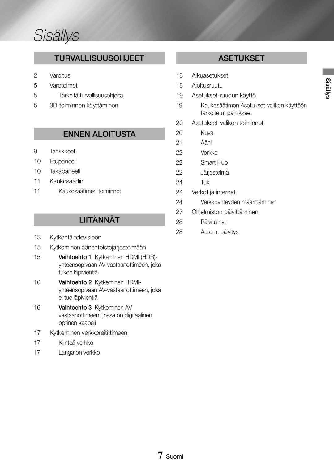 Samsung UBD-K8500/XE manual Sisällys, Varoitus, Varotoimet, Tärkeitä turvallisuusohjeita 3D-toiminnon käyttäminen 