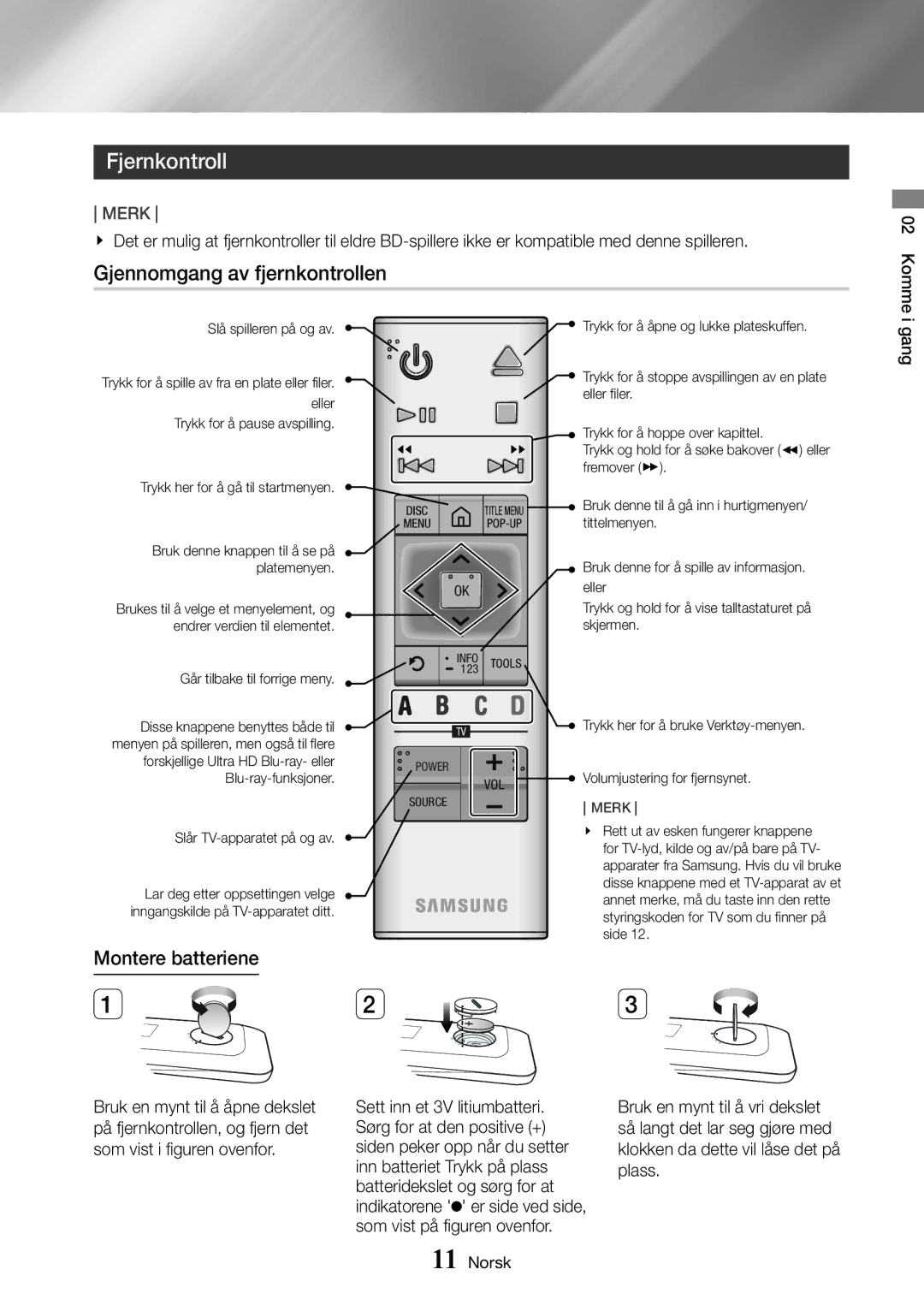 Samsung UBD-K8500/XE manual Fjernkontroll, Gjennomgang av fjernkontrollen, Montere batteriene 