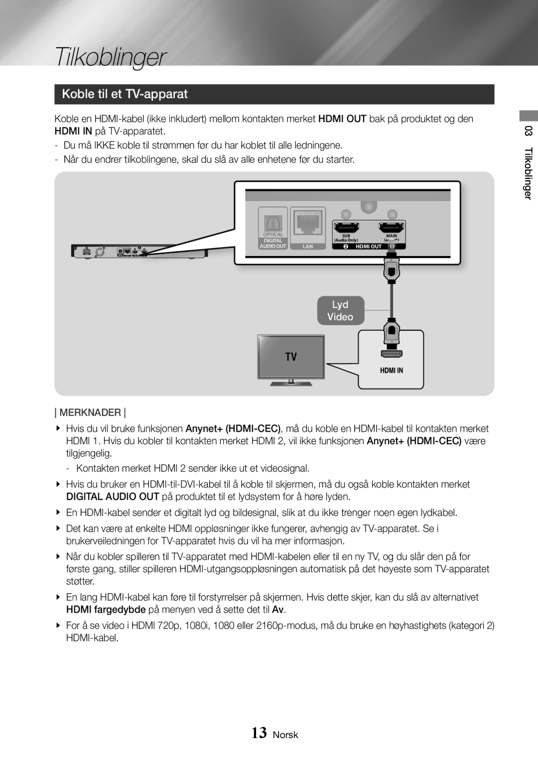 Samsung UBD-K8500/XE manual Tilkoblinger, Koble til et TV-apparat 