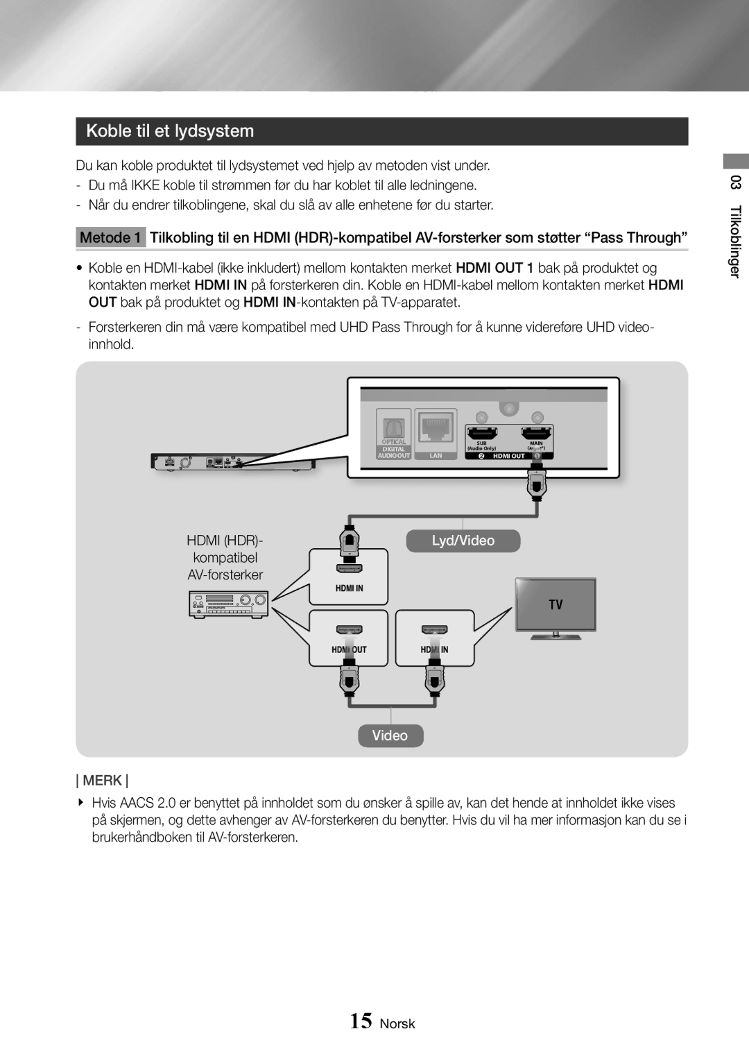 Samsung UBD-K8500/XE manual Koble til et lydsystem, Hdmi HDR, Kompatibel AV-forsterker 