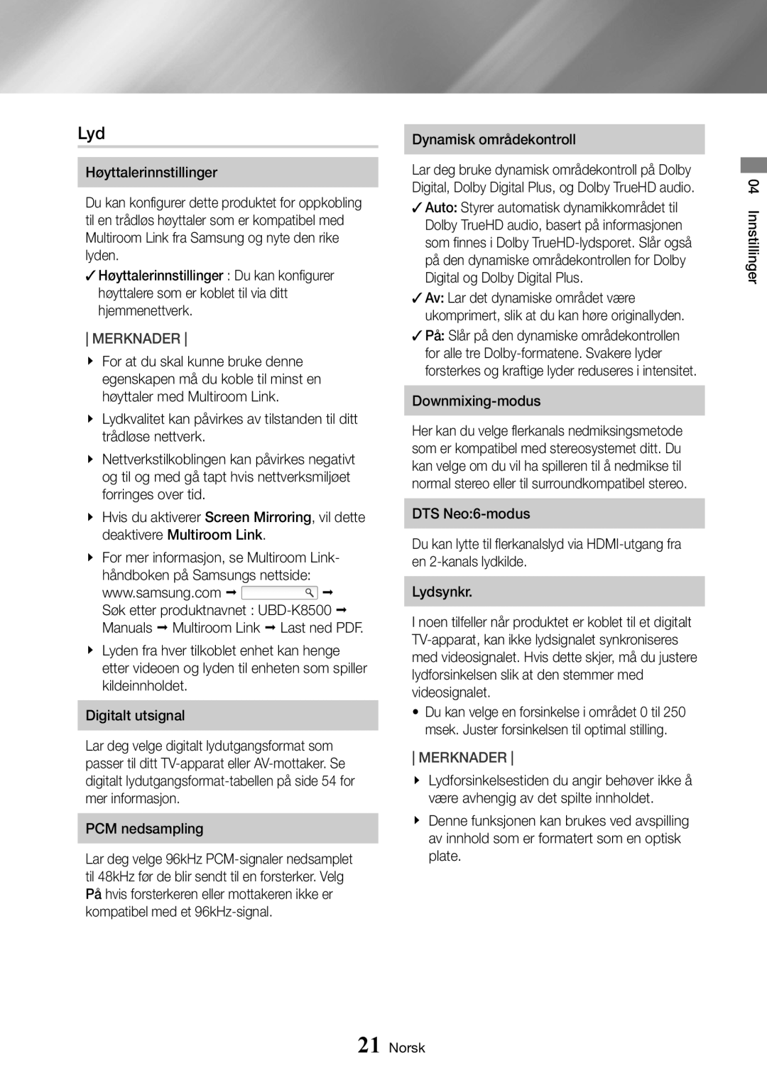 Samsung UBD-K8500/XE manual Lyd, PCM nedsampling, Dynamisk områdekontroll, Downmixing-modus 