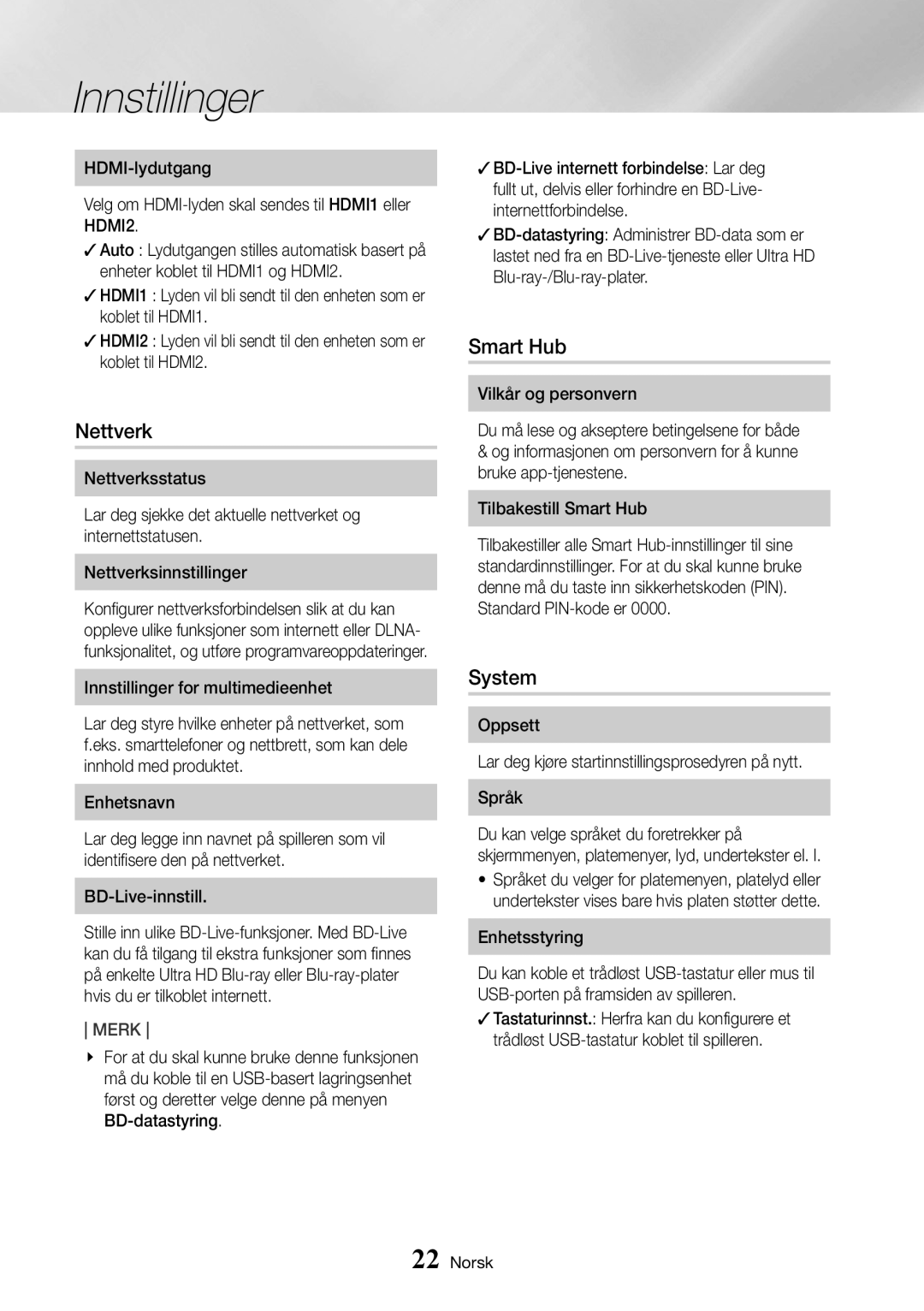 Samsung UBD-K8500/XE manual Nettverk, Smart Hub, System, Standard PIN-kode er, Enhetsstyring 