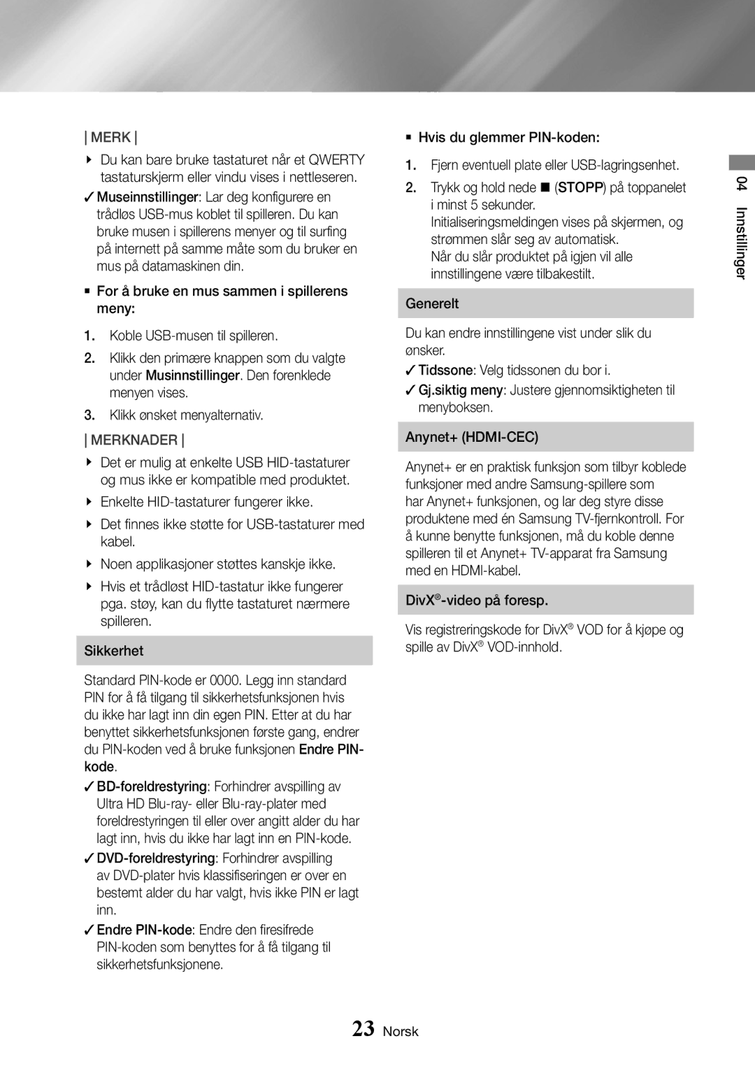 Samsung UBD-K8500/XE manual Spilleren Sikkerhet 