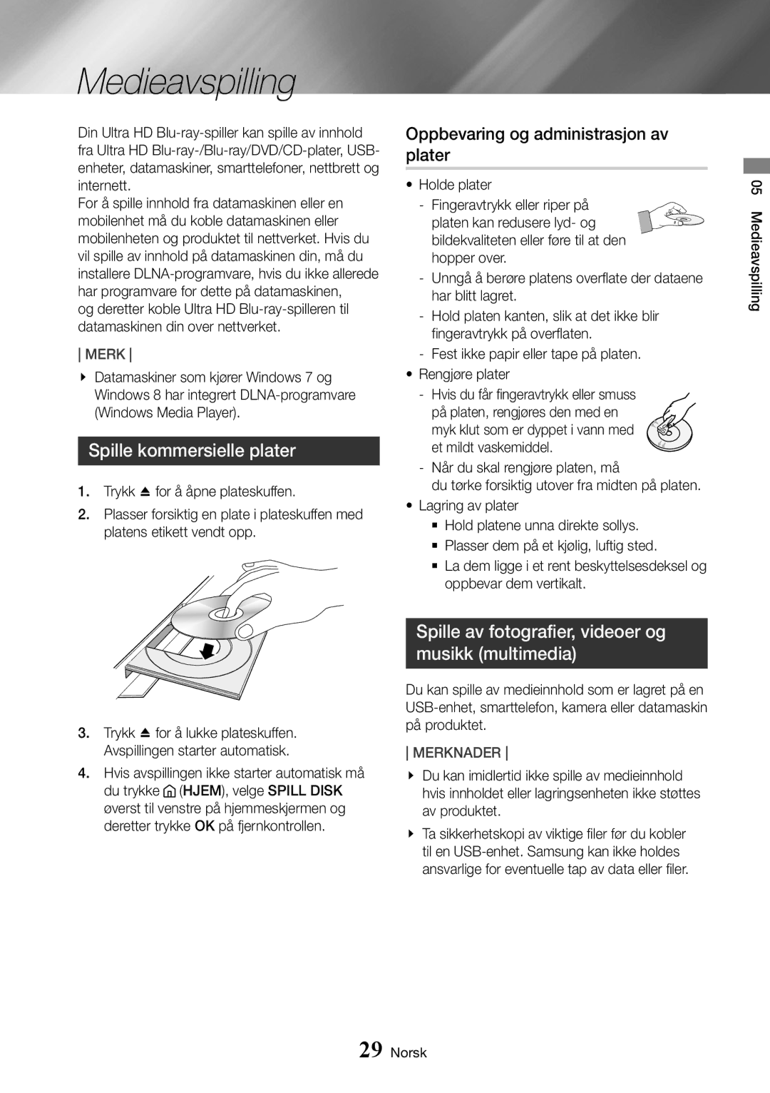 Samsung UBD-K8500/XE manual Medieavspilling, Spille kommersielle plater, Oppbevaring og administrasjon av plater 