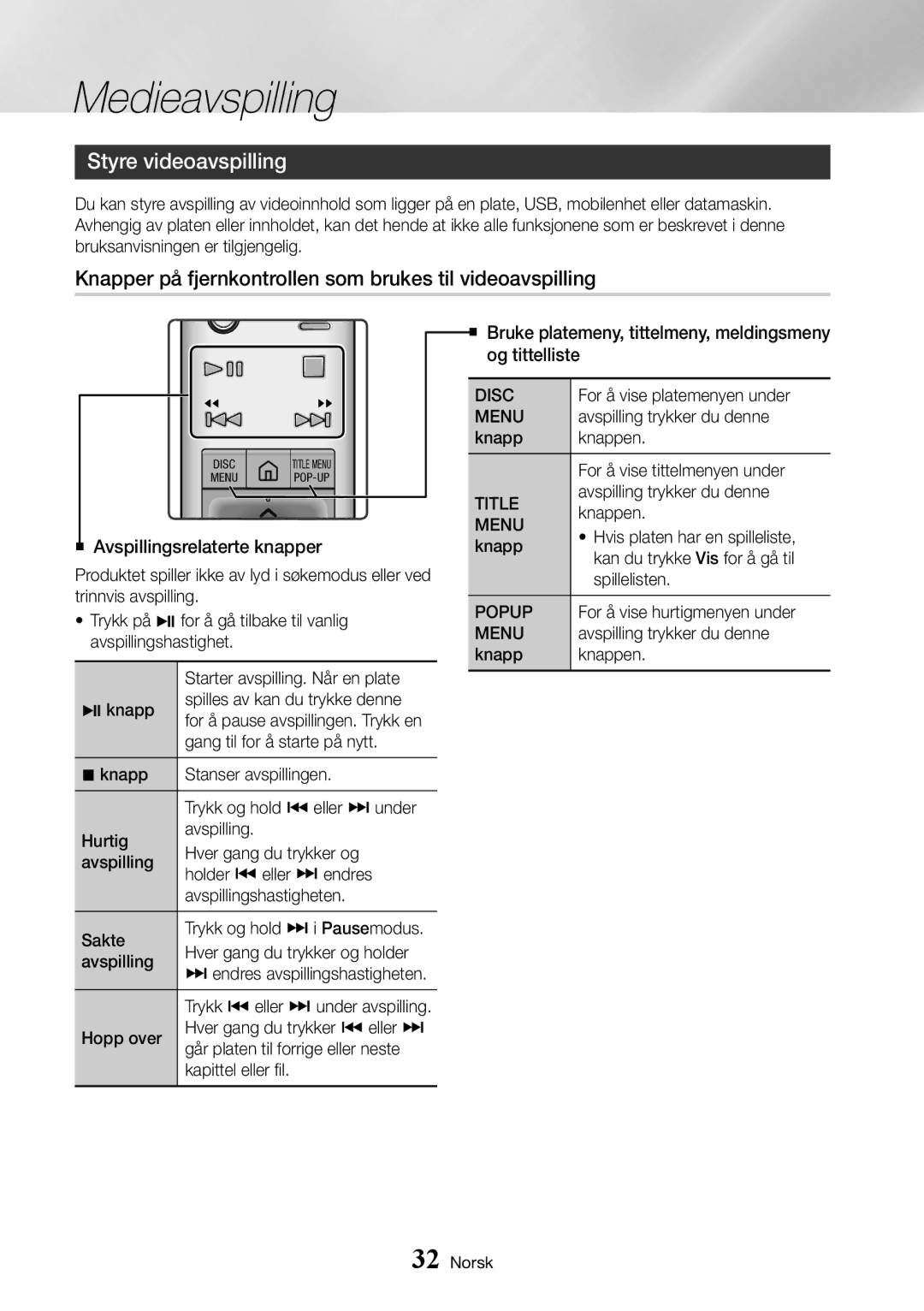 Samsung UBD-K8500/XE manual Styre videoavspilling, Knapper på fjernkontrollen som brukes til videoavspilling 