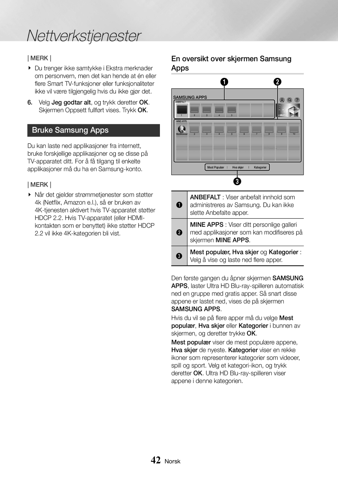 Samsung UBD-K8500/XE manual Bruke Samsung Apps, En oversikt over skjermen Samsung Apps 