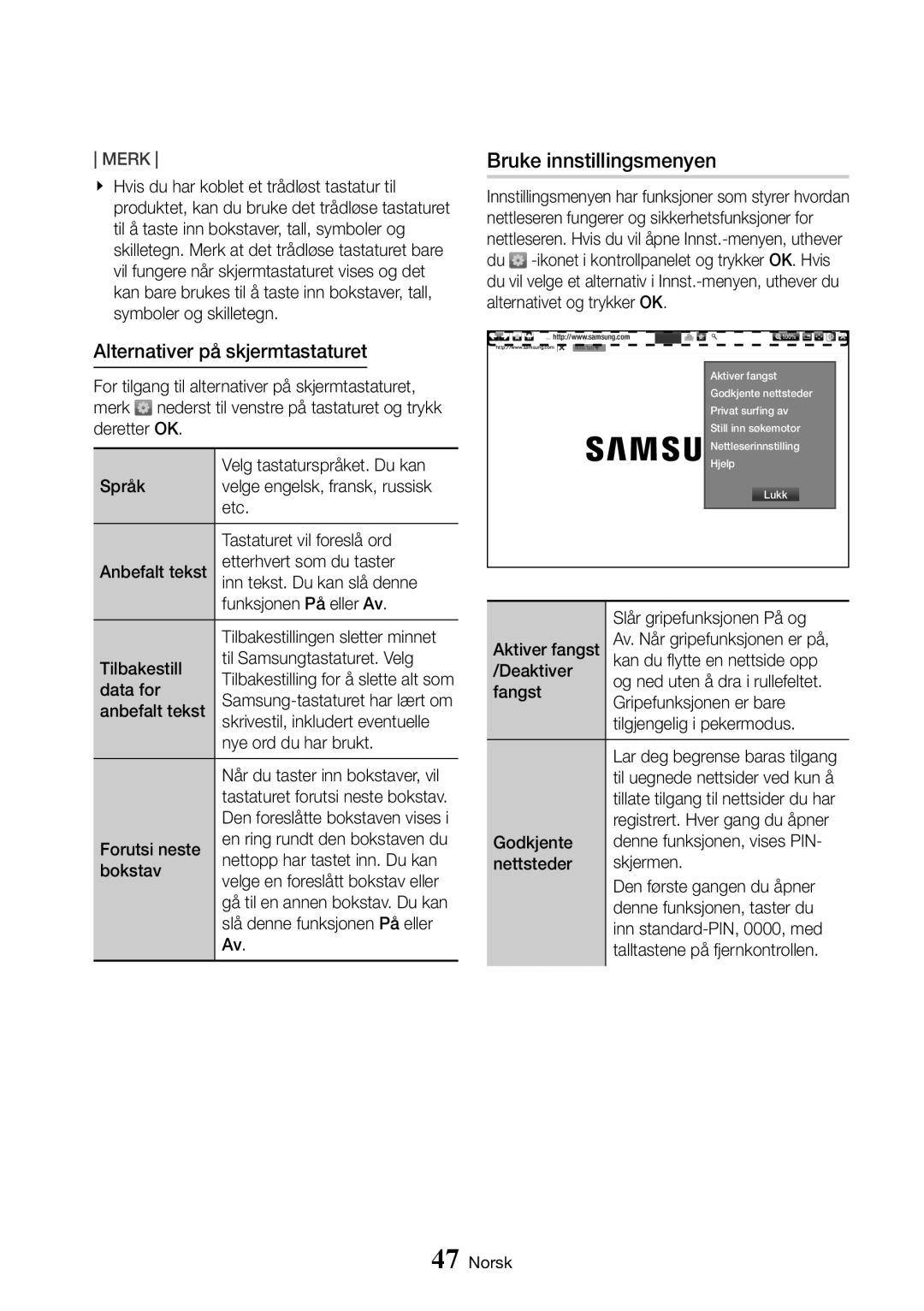 Samsung UBD-K8500/XE manual Bruke innstillingsmenyen, Alternativer på skjermtastaturet 