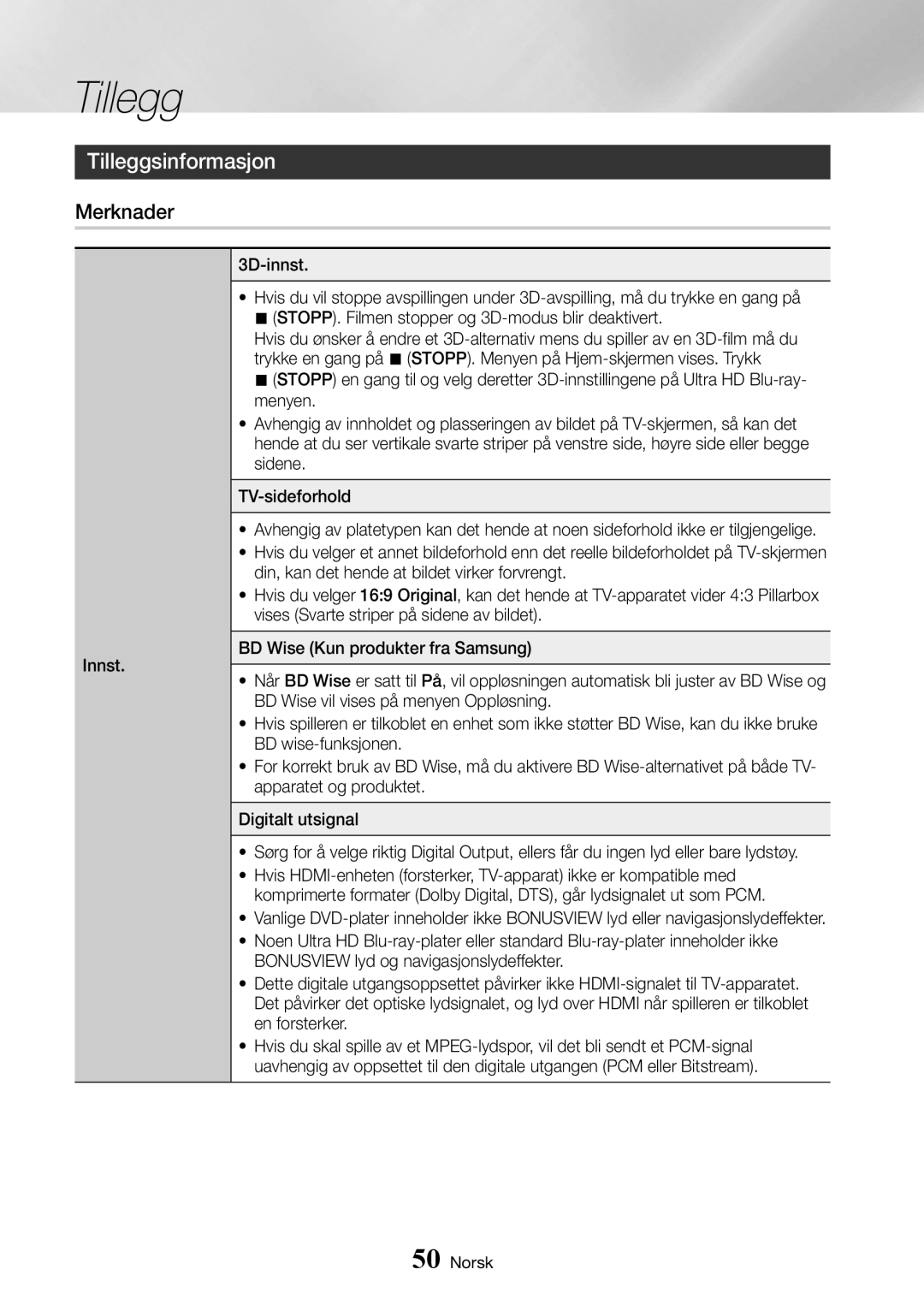 Samsung UBD-K8500/XE manual Tilleggsinformasjon, Merknader 