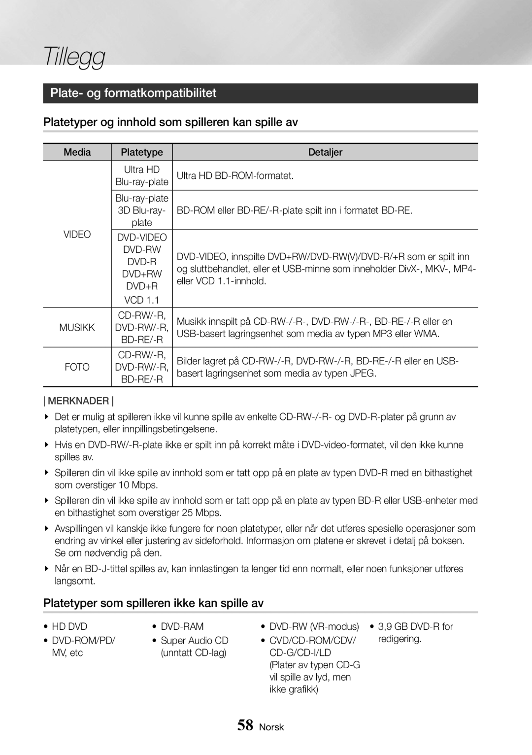 Samsung UBD-K8500/XE manual Plate- og formatkompatibilitet, Platetyper og innhold som spilleren kan spille av 