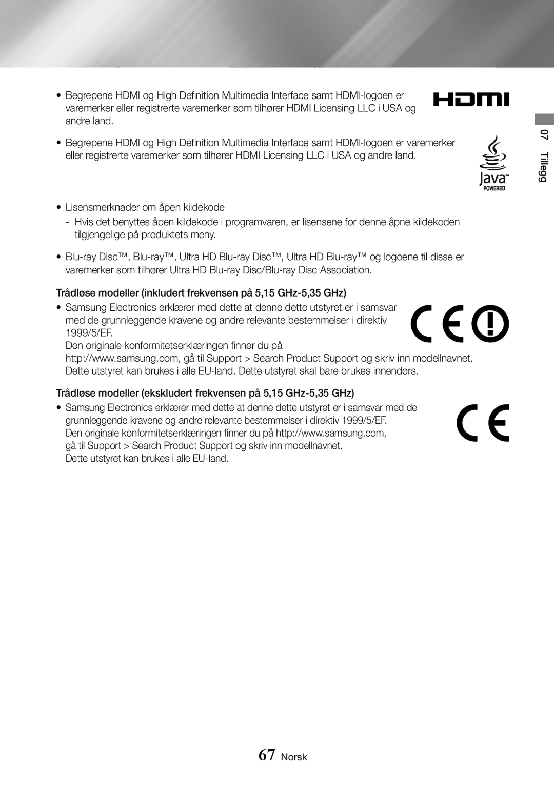 Samsung UBD-K8500/XE manual Dette utstyret kan brukes i alle EU-land 