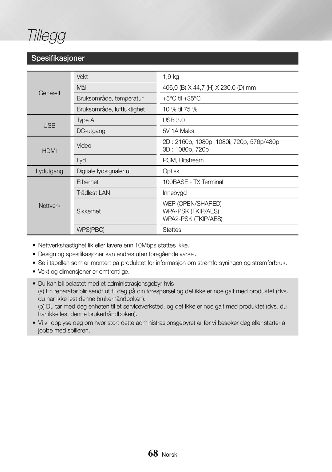 Samsung UBD-K8500/XE manual Spesifikasjoner 