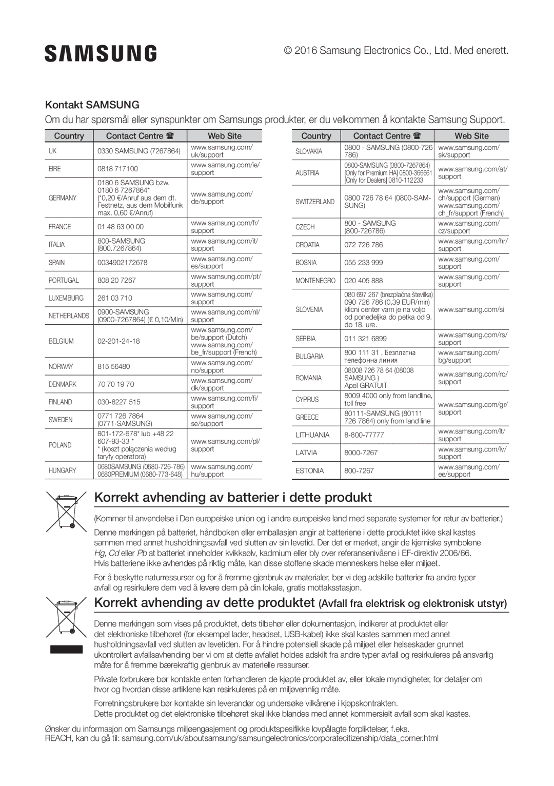 Samsung UBD-K8500/XE manual Korrekt avhending av batterier i dette produkt, Country Contact Centre  Web Site 