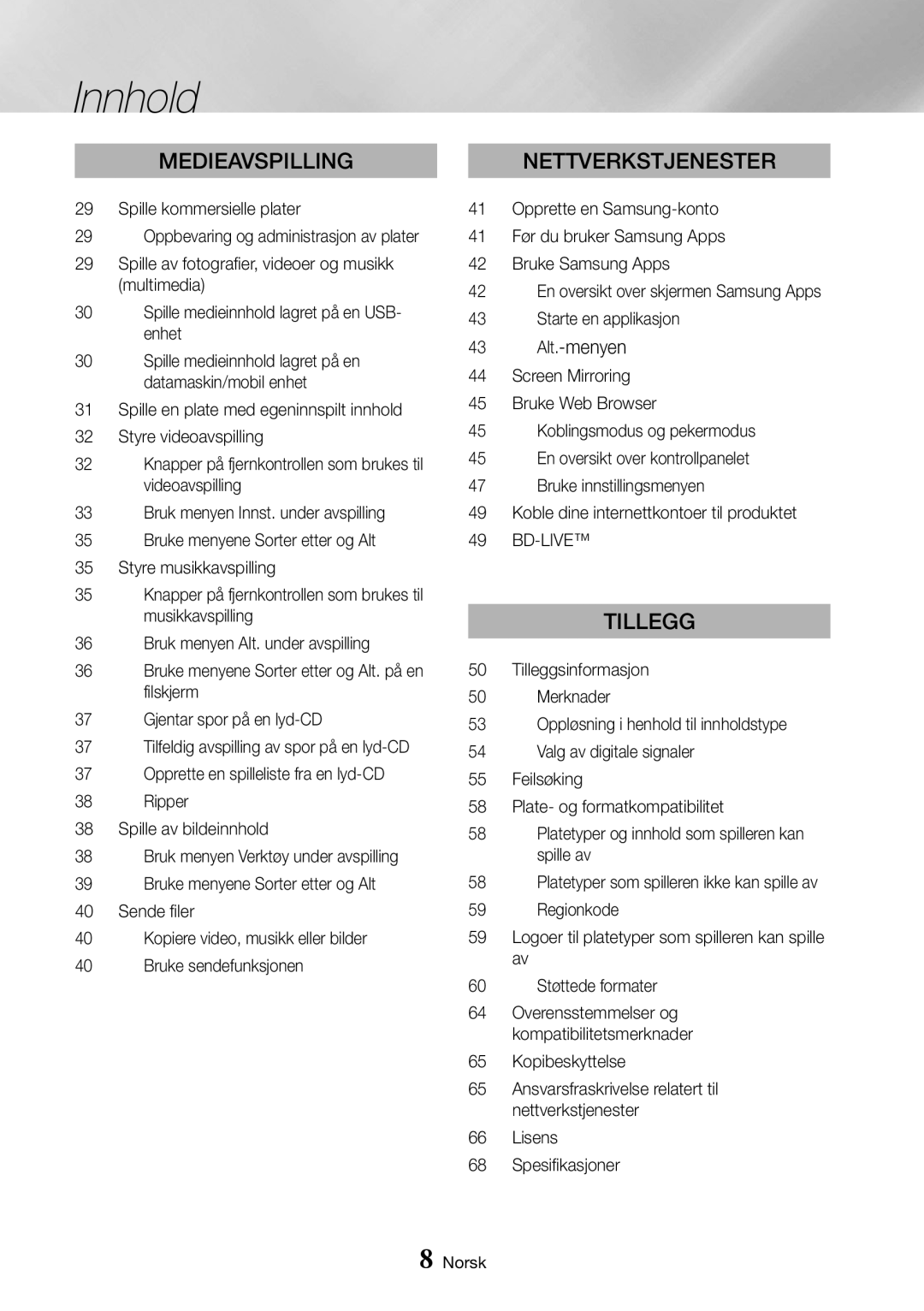 Samsung UBD-K8500/XE manual 43 Alt.-menyen, Bd-Live, Kopibeskyttelse, Lisens Spesifikasjoner 