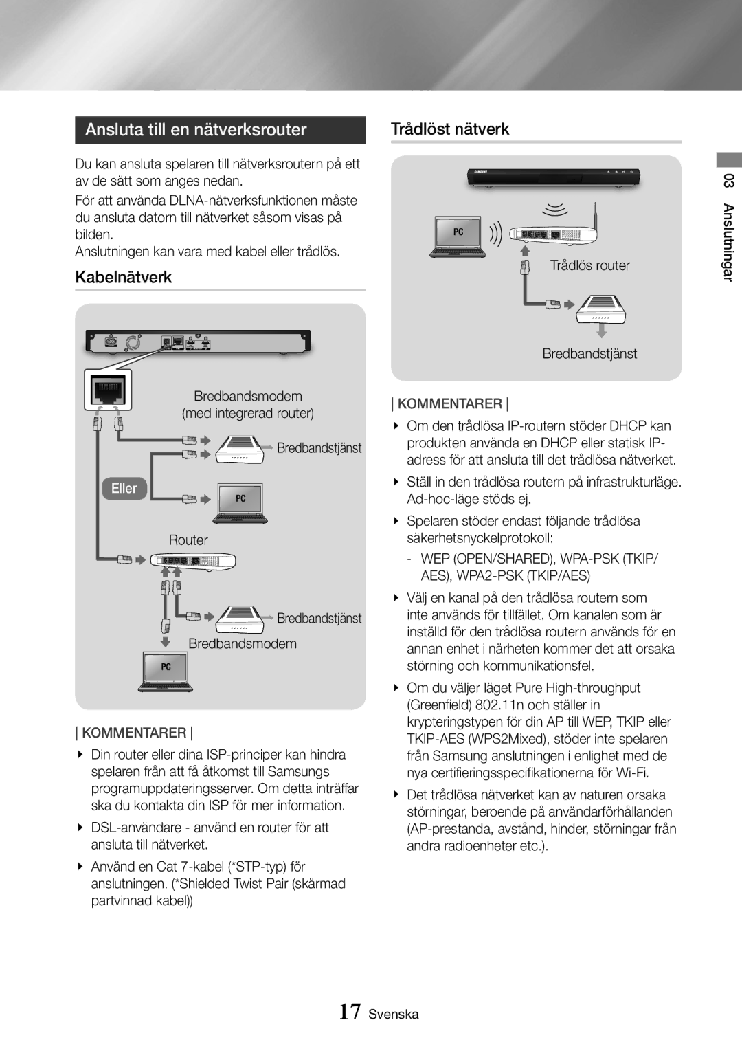 Samsung UBD-K8500/XE manual Ansluta till en nätverksrouter, Kabelnätverk, Trådlöst nätverk 