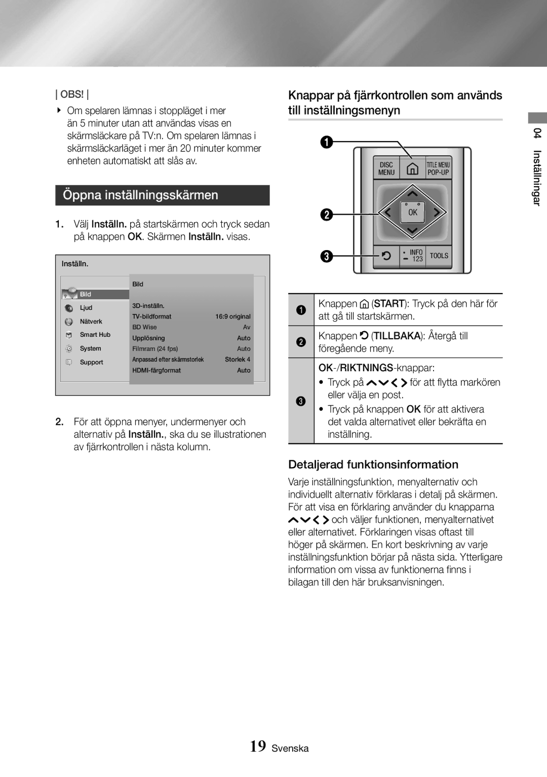 Samsung UBD-K8500/XE Öppna inställningsskärmen, Detaljerad funktionsinformation, På knappen OK. Skärmen Inställn. visas 