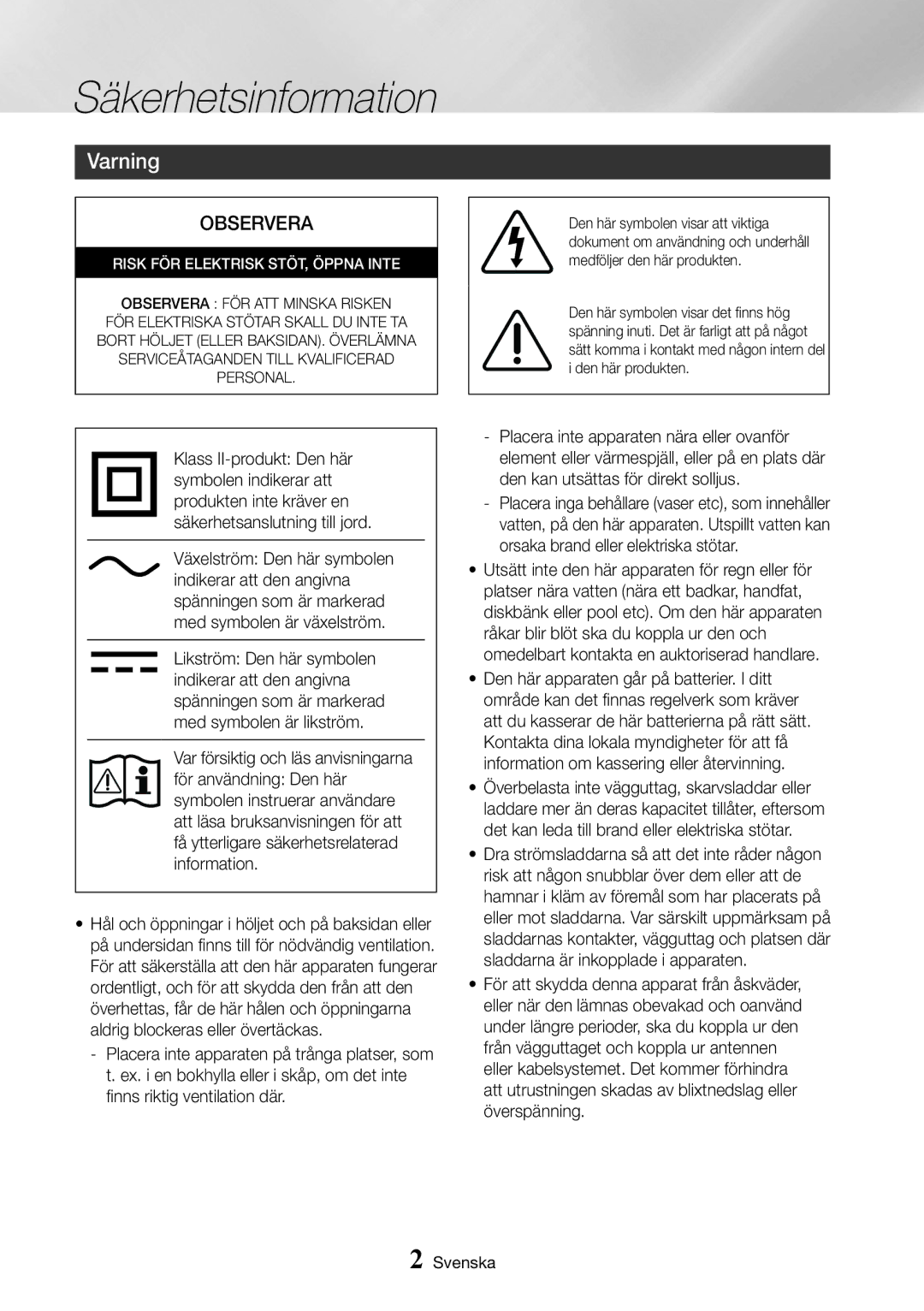 Samsung UBD-K8500/XE manual Säkerhetsinformation, Varning 