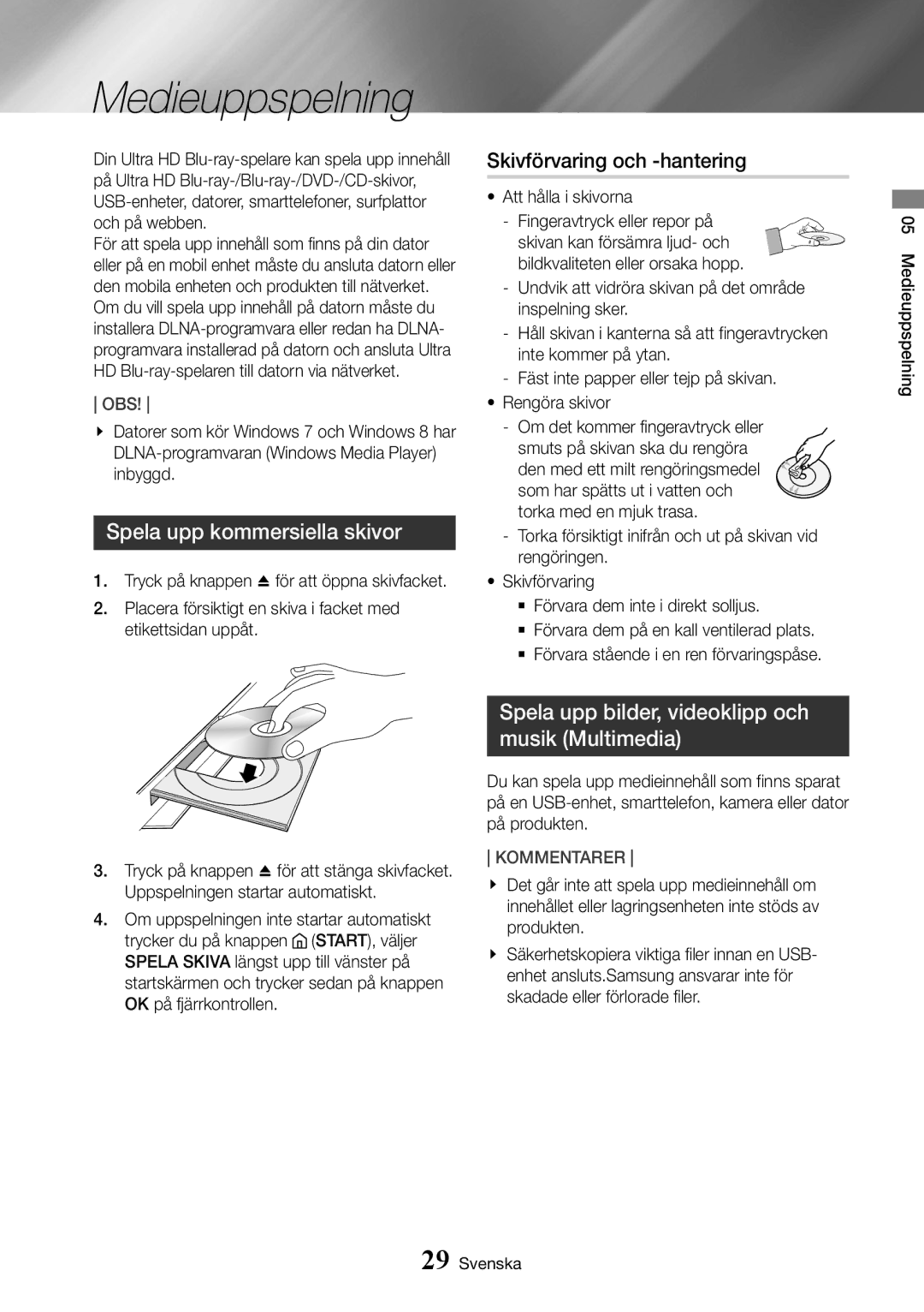 Samsung UBD-K8500/XE manual Medieuppspelning, Spela upp kommersiella skivor, Skivförvaring och -hantering 