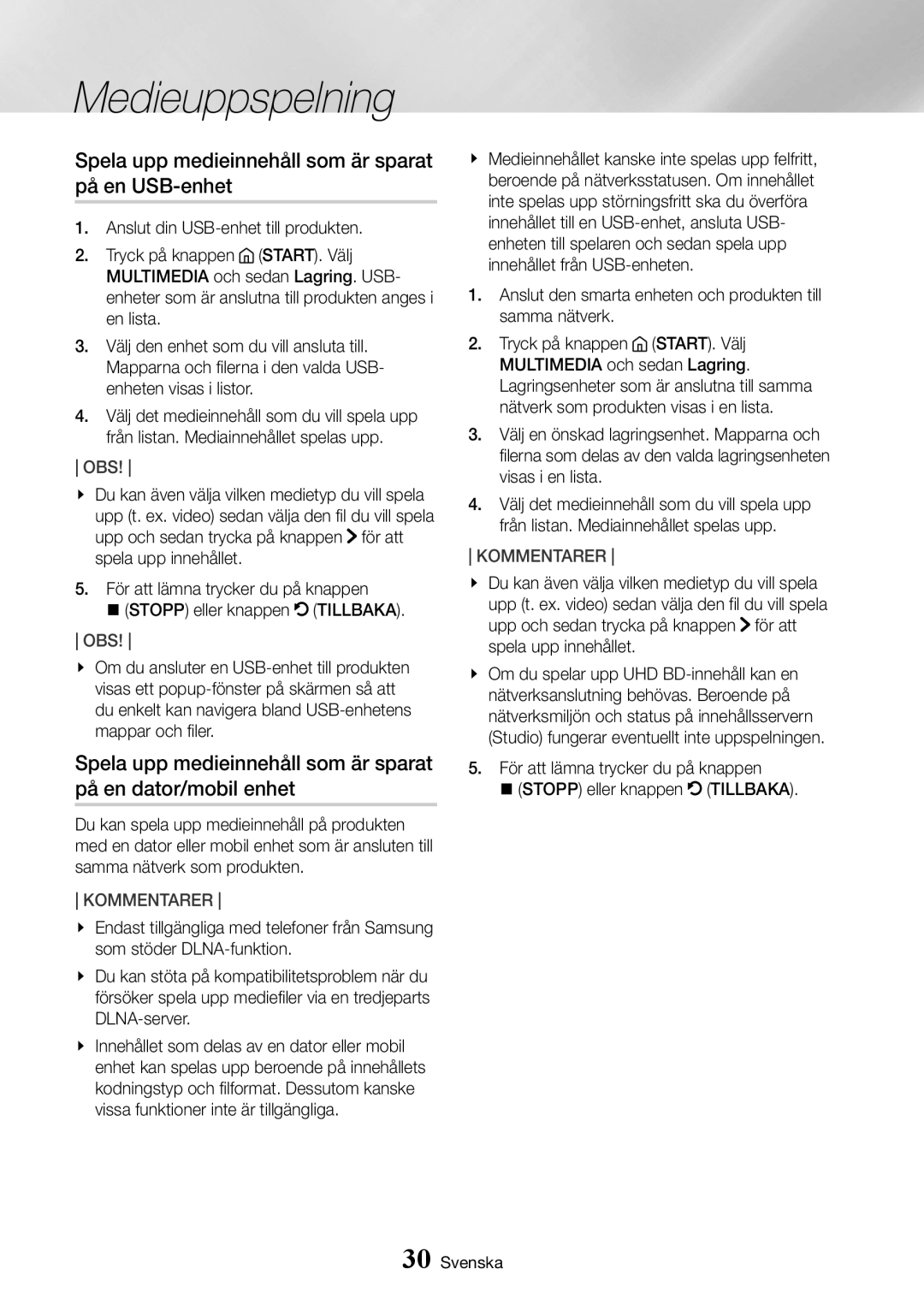 Samsung UBD-K8500/XE manual Spela upp medieinnehåll som är sparat på en USB-enhet 