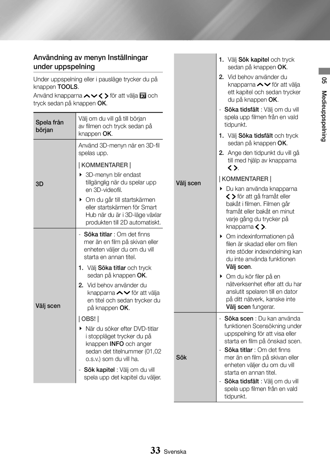 Samsung UBD-K8500/XE manual Användning av menyn Inställningar under uppspelning 